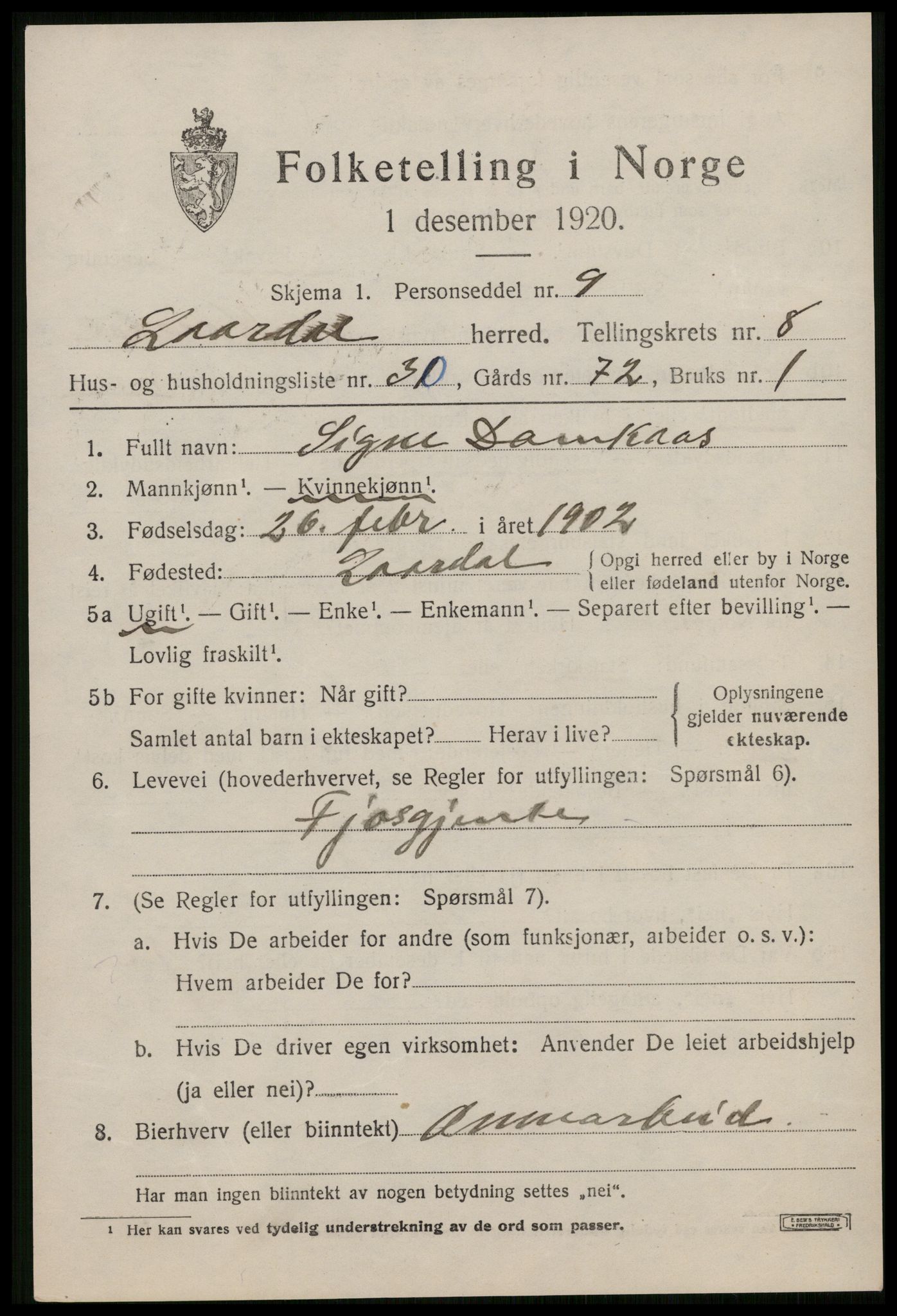 SAKO, 1920 census for Lårdal, 1920, p. 3173