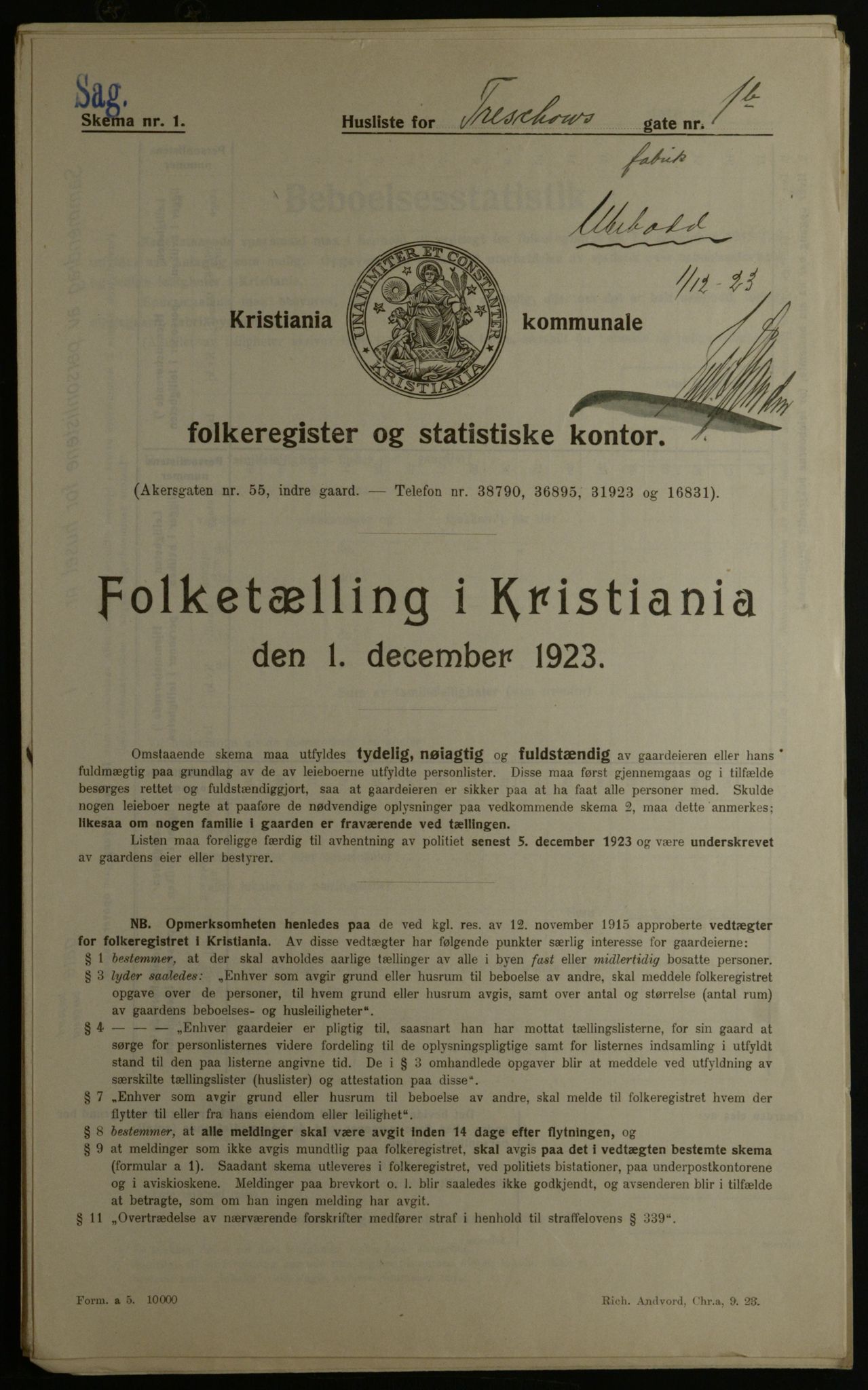 OBA, Municipal Census 1923 for Kristiania, 1923, p. 127333