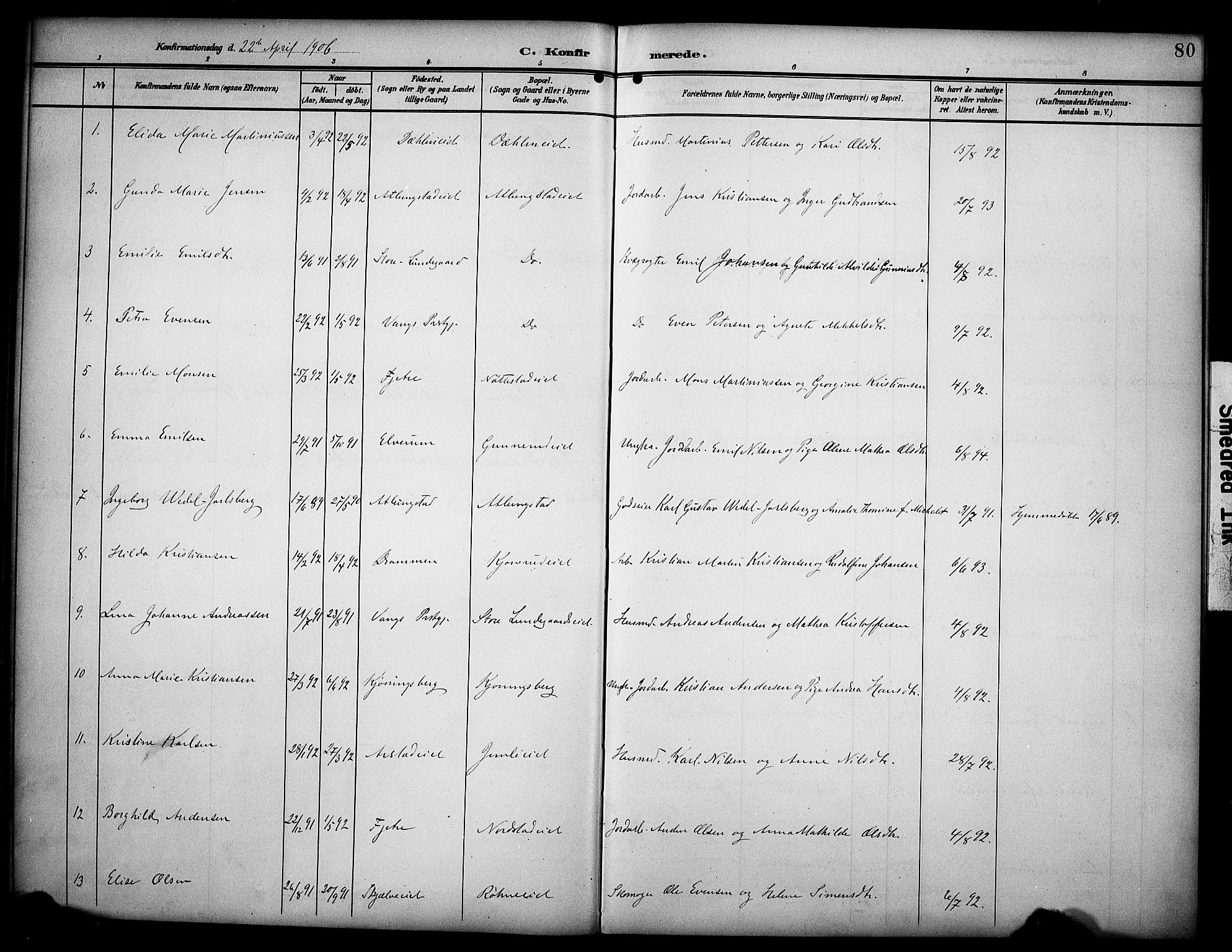 Stange prestekontor, AV/SAH-PREST-002/K/L0022: Parish register (official) no. 22, 1903-1914, p. 80