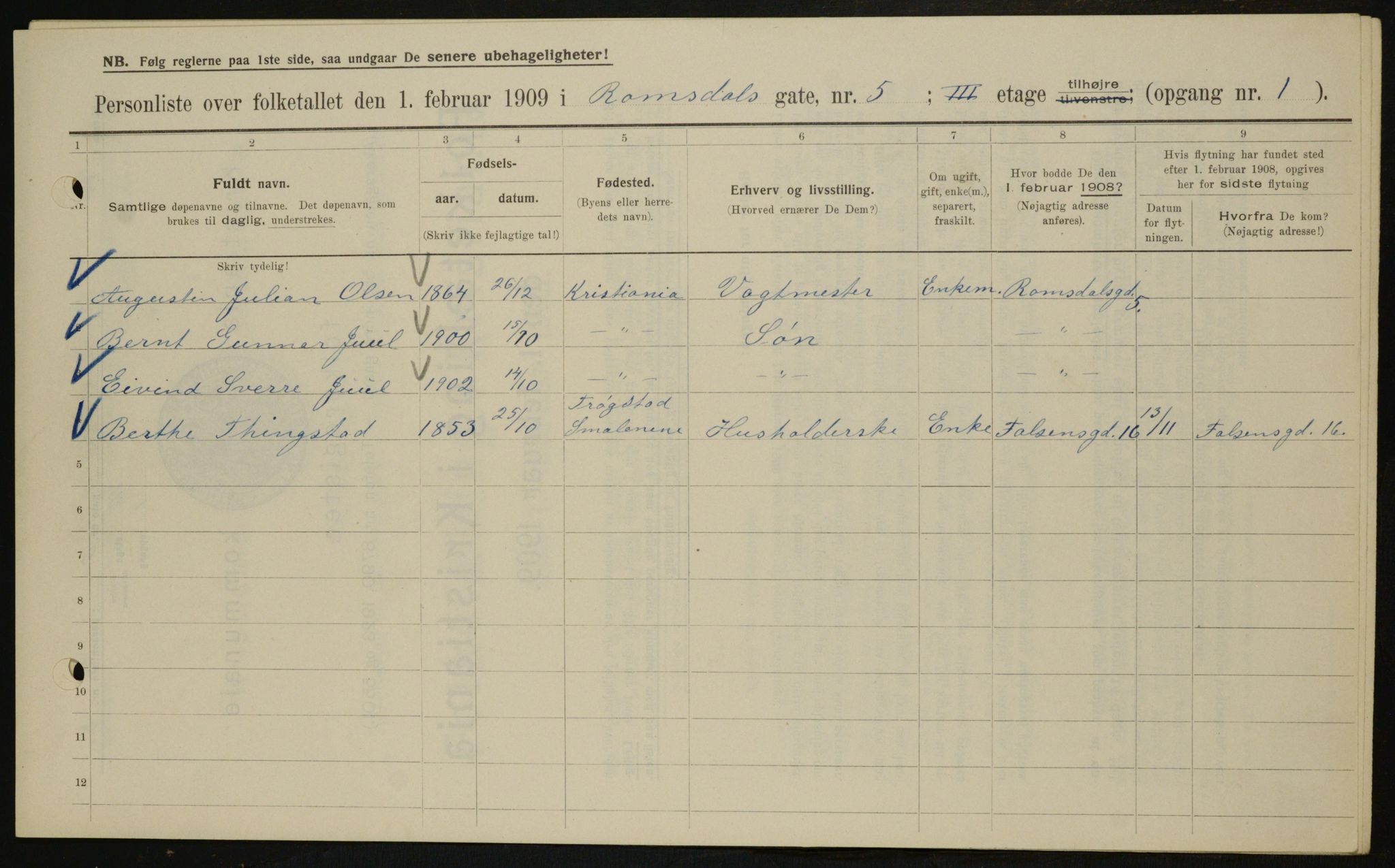 OBA, Municipal Census 1909 for Kristiania, 1909, p. 75458