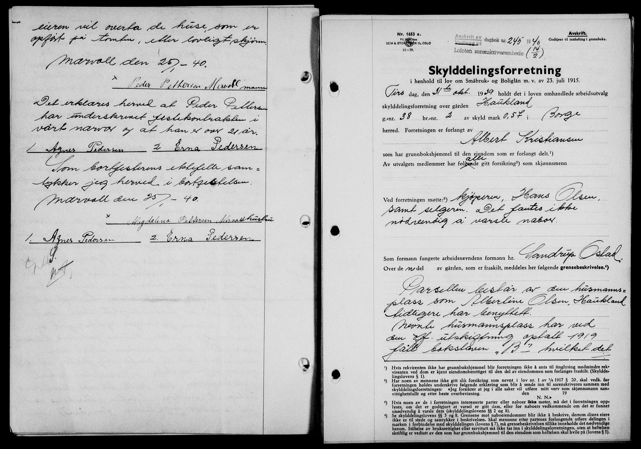 Lofoten sorenskriveri, SAT/A-0017/1/2/2C/L0007a: Mortgage book no. 7a, 1939-1940, Diary no: : 245/1940