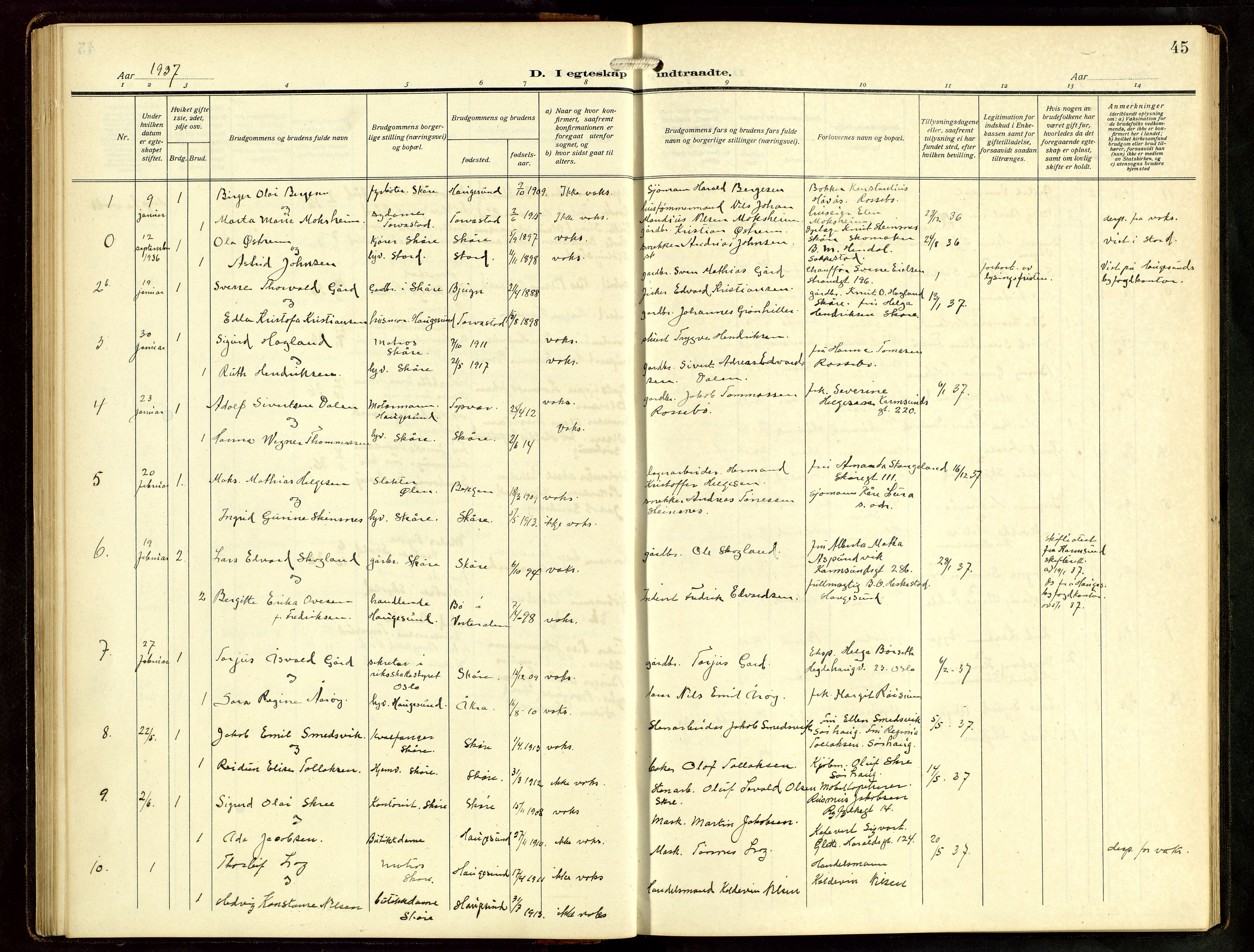 Haugesund sokneprestkontor, AV/SAST-A -101863/H/Ha/Hab/L0006: Parish register (copy) no. B 9, 1909-1951, p. 45