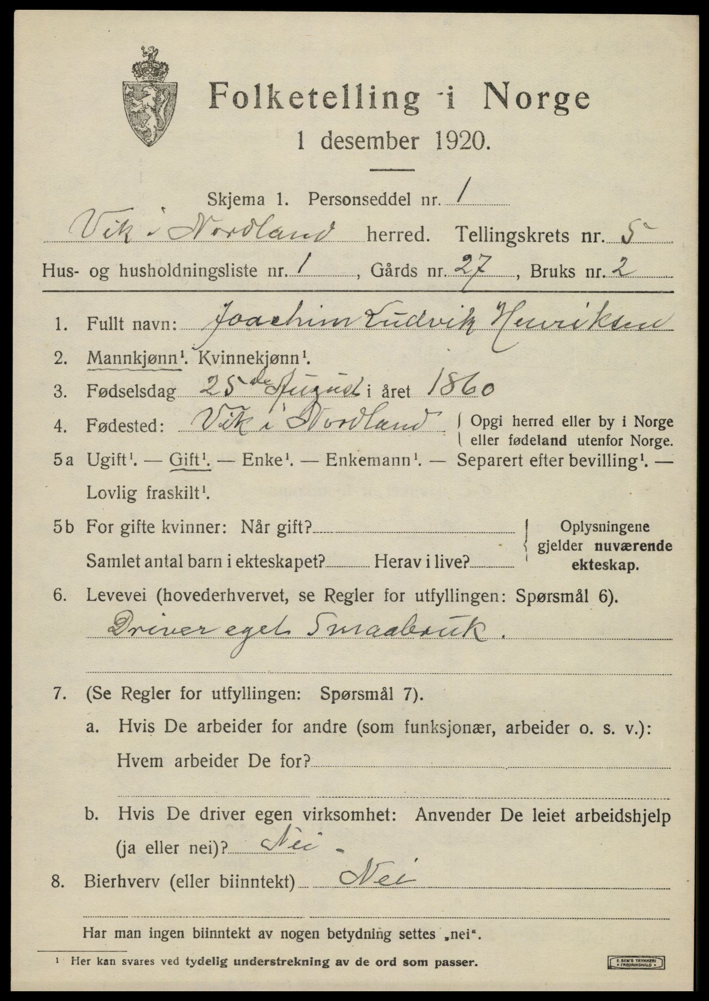 SAT, 1920 census for Vik, 1920, p. 2935