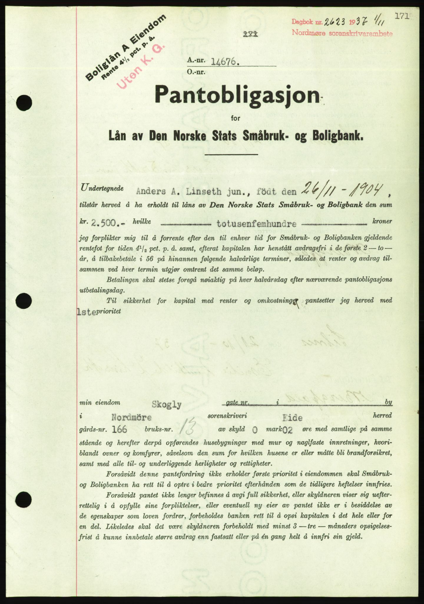 Nordmøre sorenskriveri, AV/SAT-A-4132/1/2/2Ca/L0092: Mortgage book no. B82, 1937-1938, Diary no: : 2623/1937