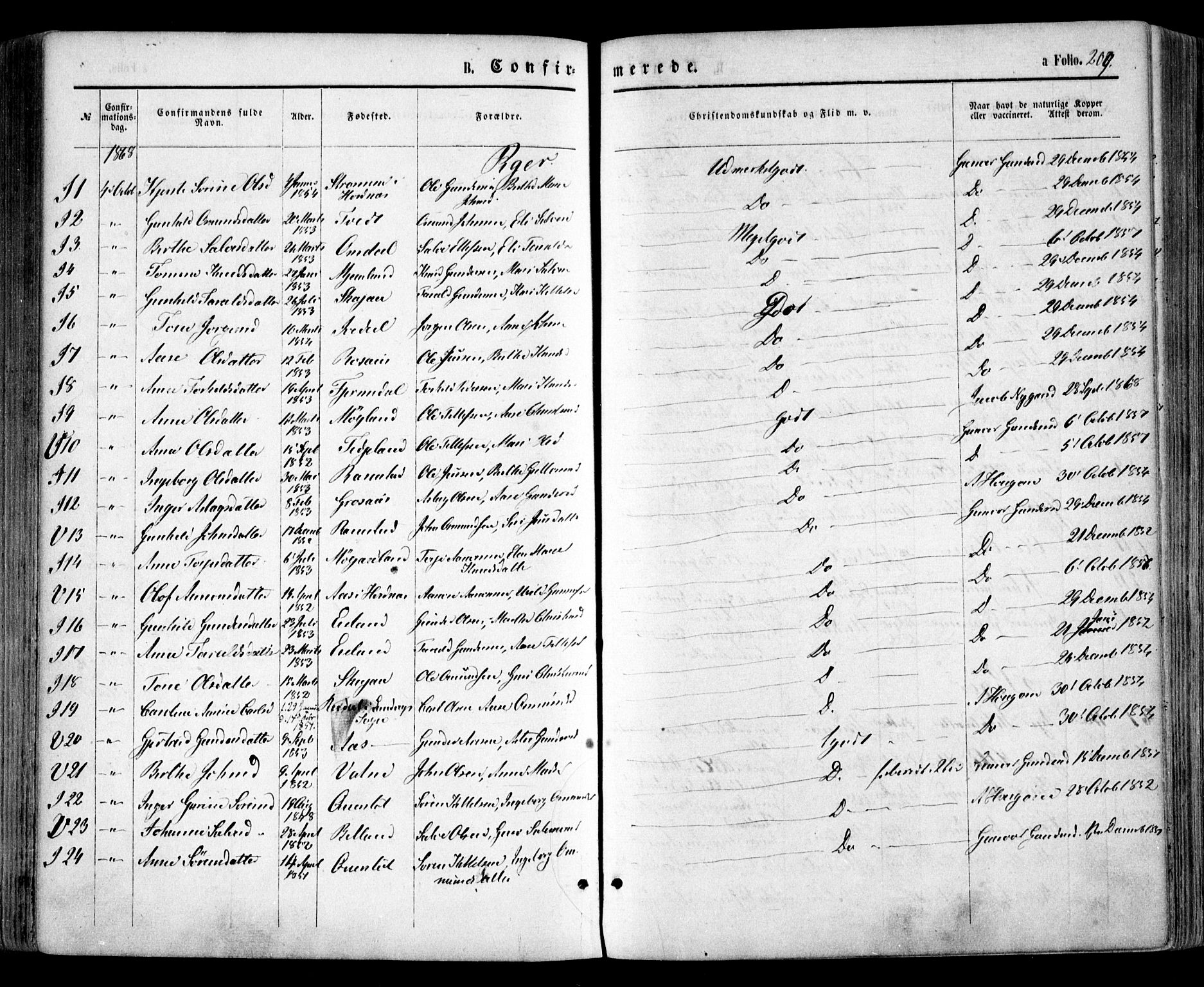 Evje sokneprestkontor, SAK/1111-0008/F/Fa/Faa/L0006: Parish register (official) no. A 6, 1866-1884, p. 209