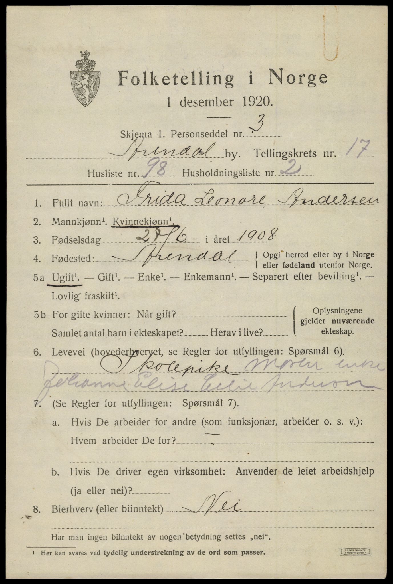 SAK, 1920 census for Arendal, 1920, p. 24934