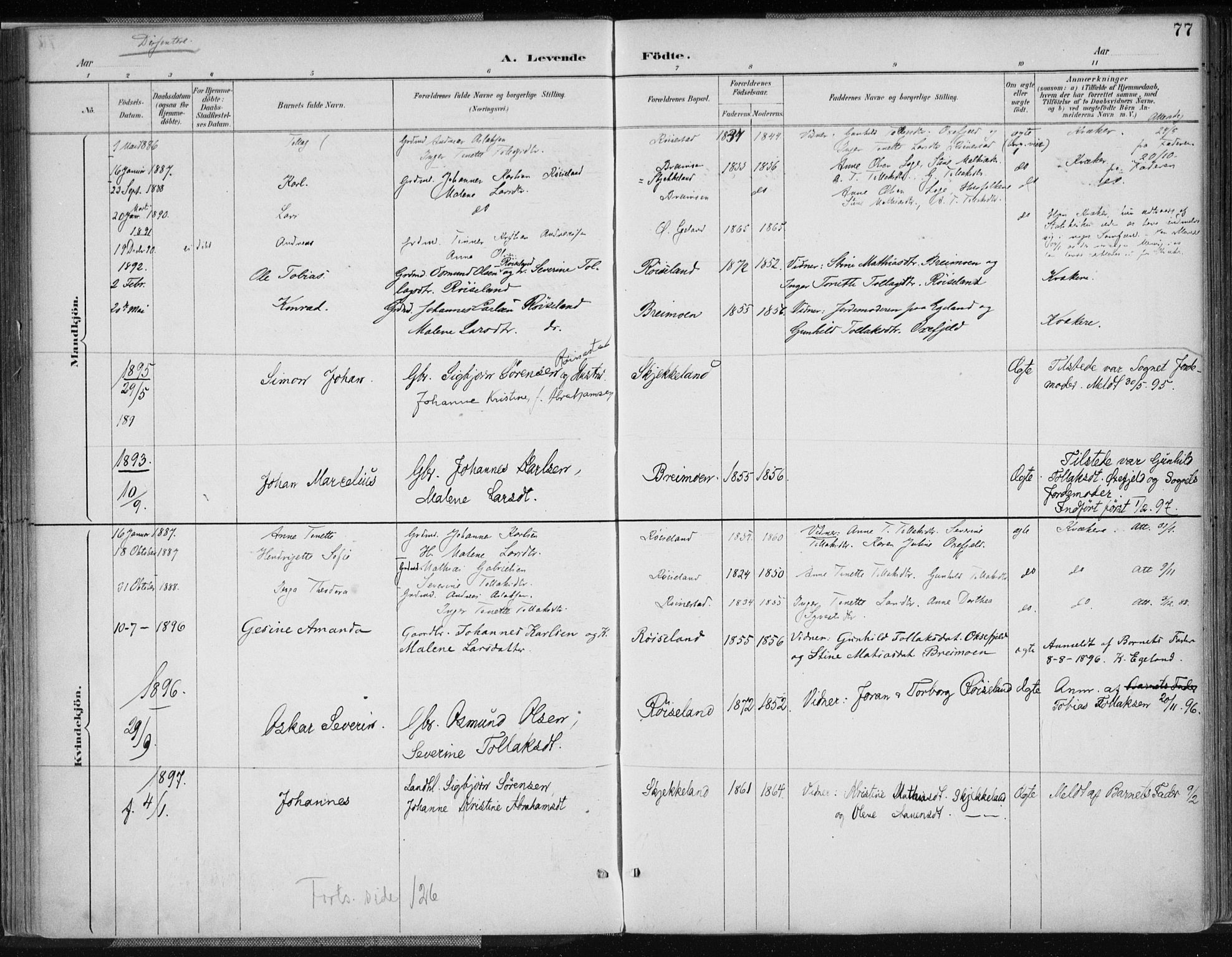 Kvinesdal sokneprestkontor, SAK/1111-0026/F/Fa/Fab/L0008: Parish register (official) no. A 8, 1886-1897, p. 77