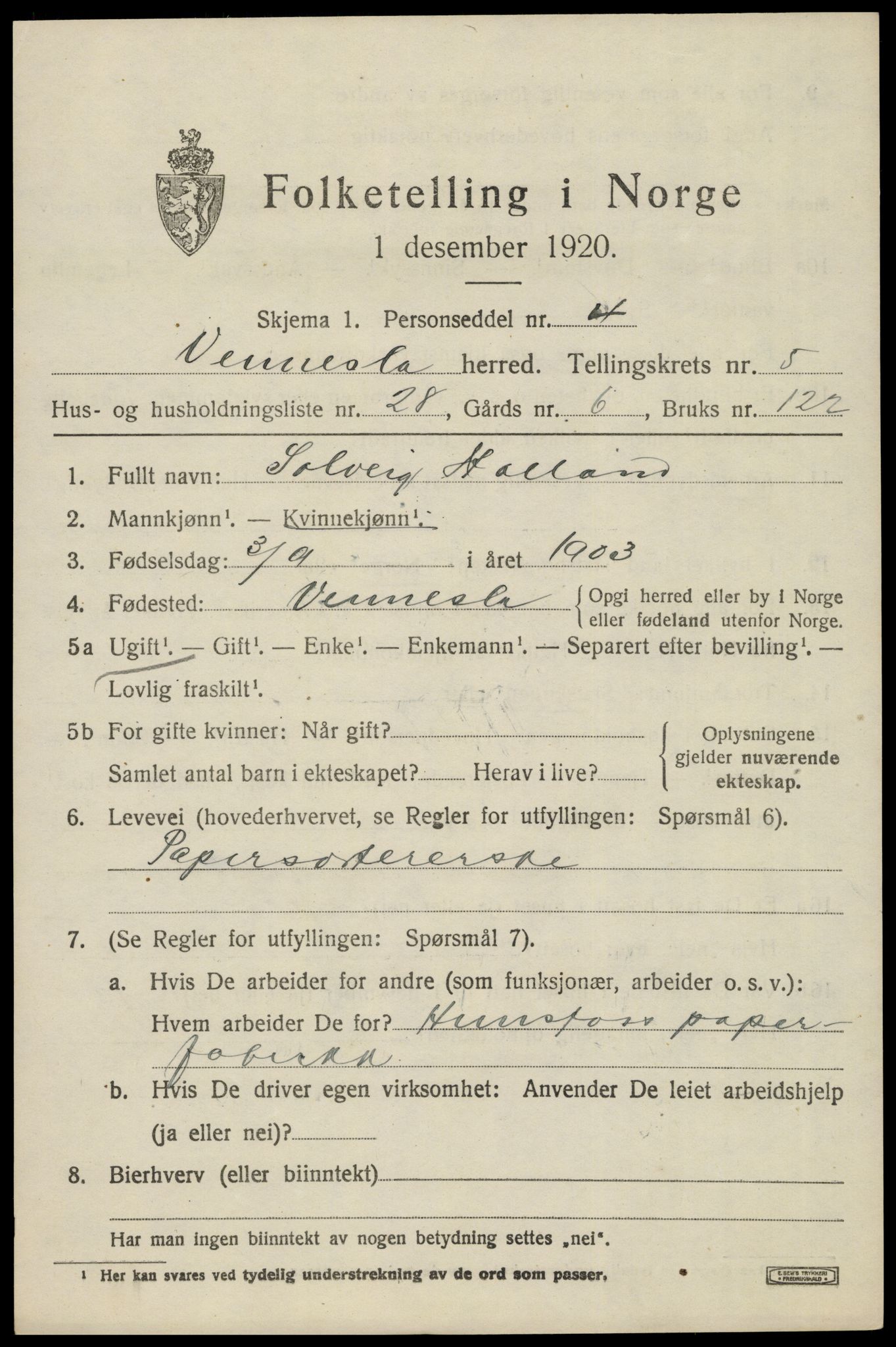 SAK, 1920 census for Vennesla, 1920, p. 3698