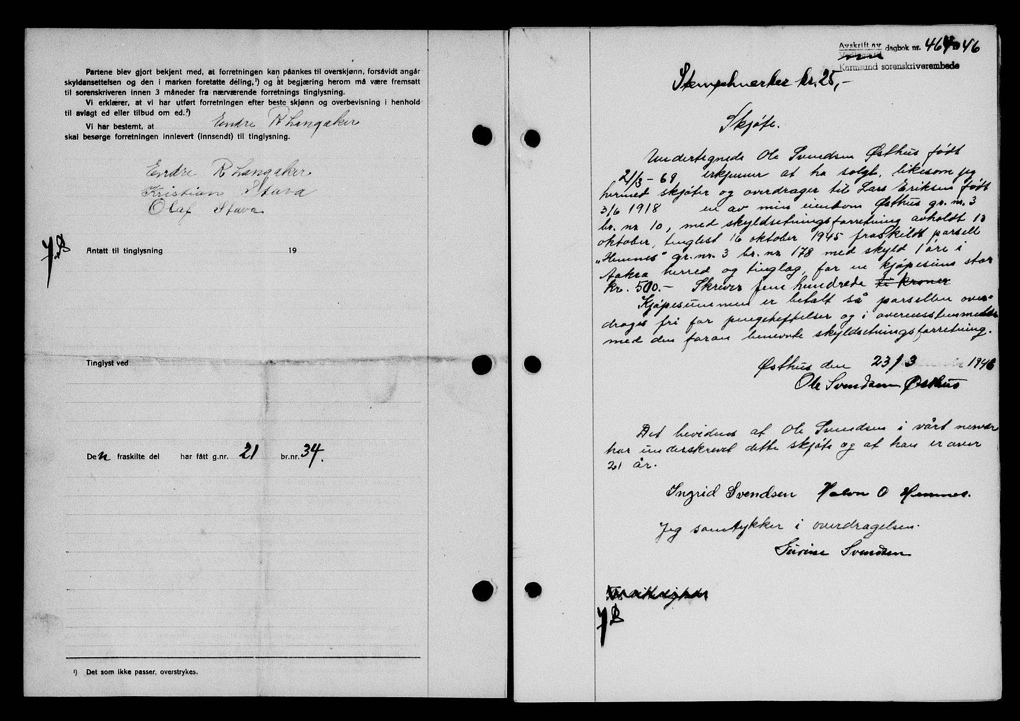 Karmsund sorenskriveri, AV/SAST-A-100311/01/II/IIB/L0085: Mortgage book no. 66A, 1946-1946, Diary no: : 464/1946