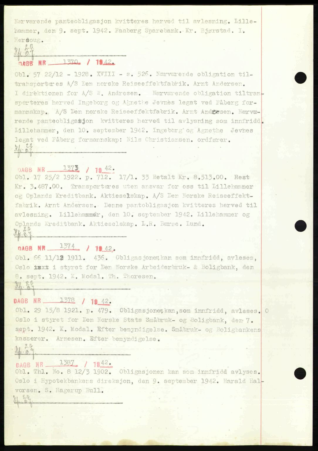 Sør-Gudbrandsdal tingrett, SAH/TING-004/H/Hb/Hbf/L0002: Mortgage book no. C1, 1938-1951, Diary no: : 1370/1942