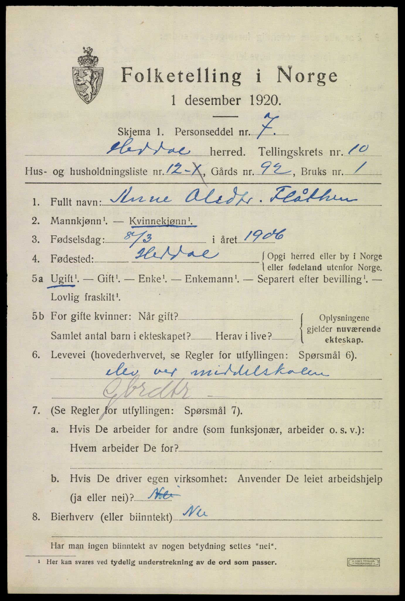 SAKO, 1920 census for Heddal, 1920, p. 7162