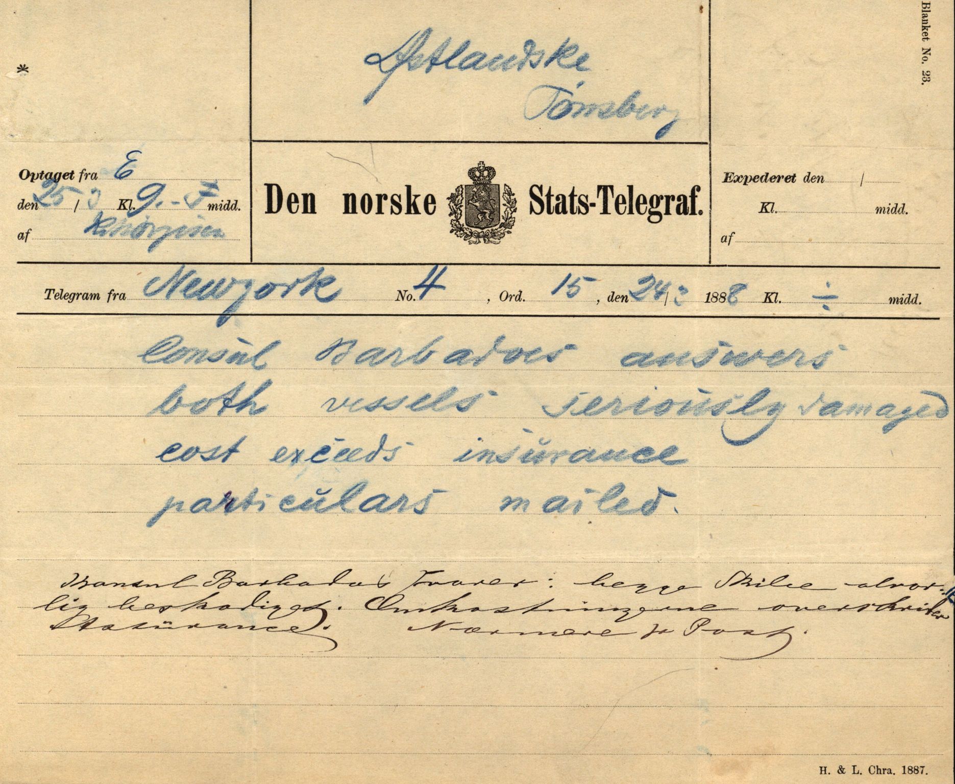 Pa 63 - Østlandske skibsassuranceforening, VEMU/A-1079/G/Ga/L0021/0003: Havaridokumenter / Inga av Drammen, Inga av Sandefjord, Primula, 1888-1889, p. 50