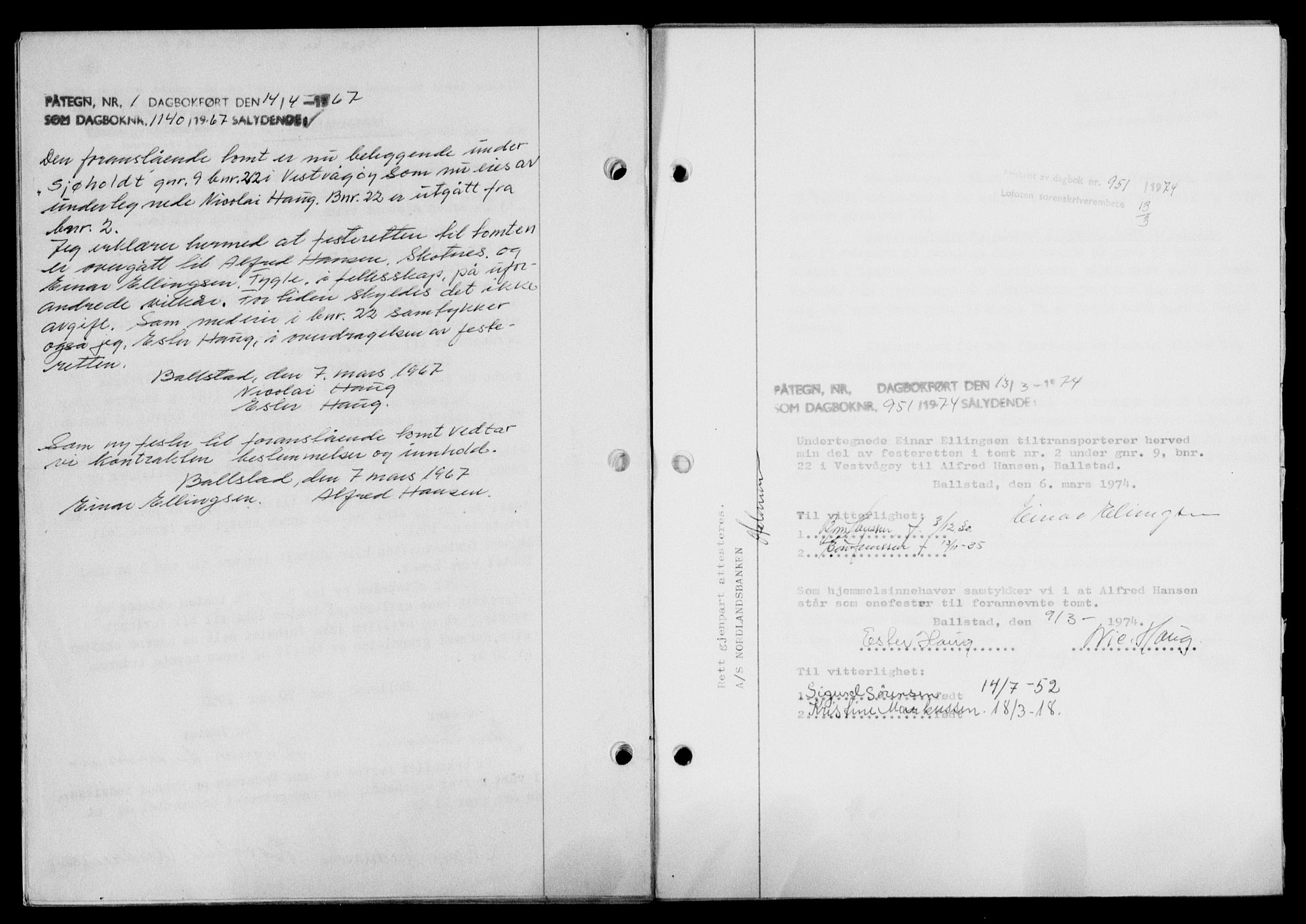 Lofoten sorenskriveri, SAT/A-0017/1/2/2C/L0023a: Mortgage book no. 23a, 1950-1950, Diary no: : 951/1950