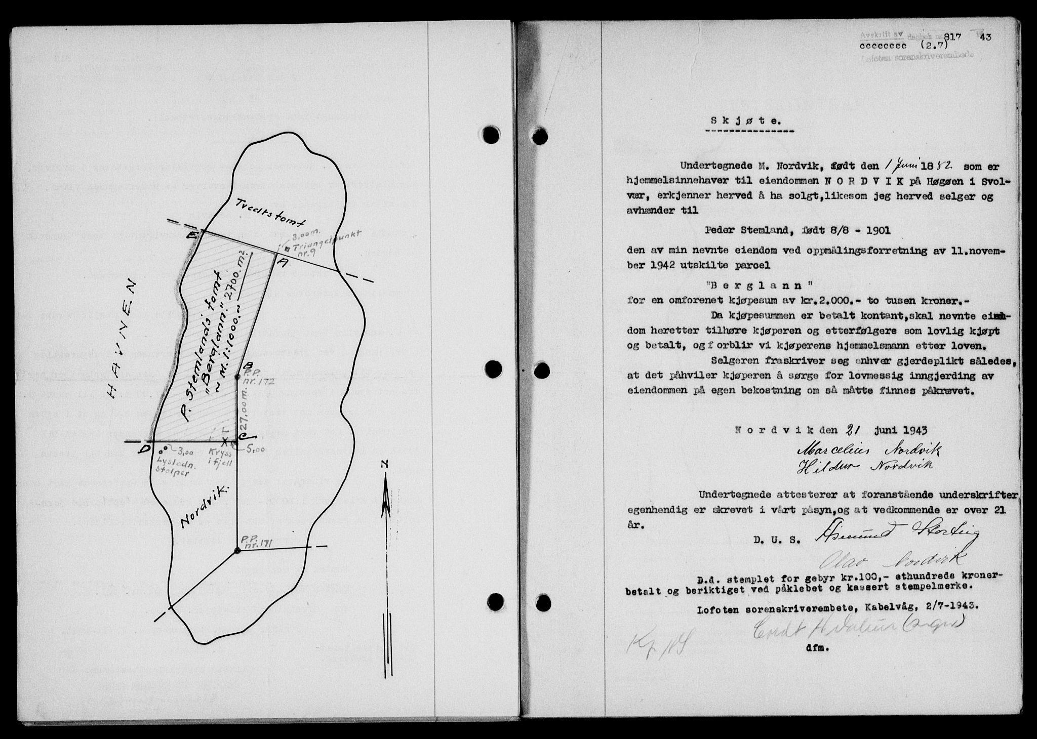 Lofoten sorenskriveri, SAT/A-0017/1/2/2C/L0011a: Mortgage book no. 11a, 1943-1943, Diary no: : 817/1943