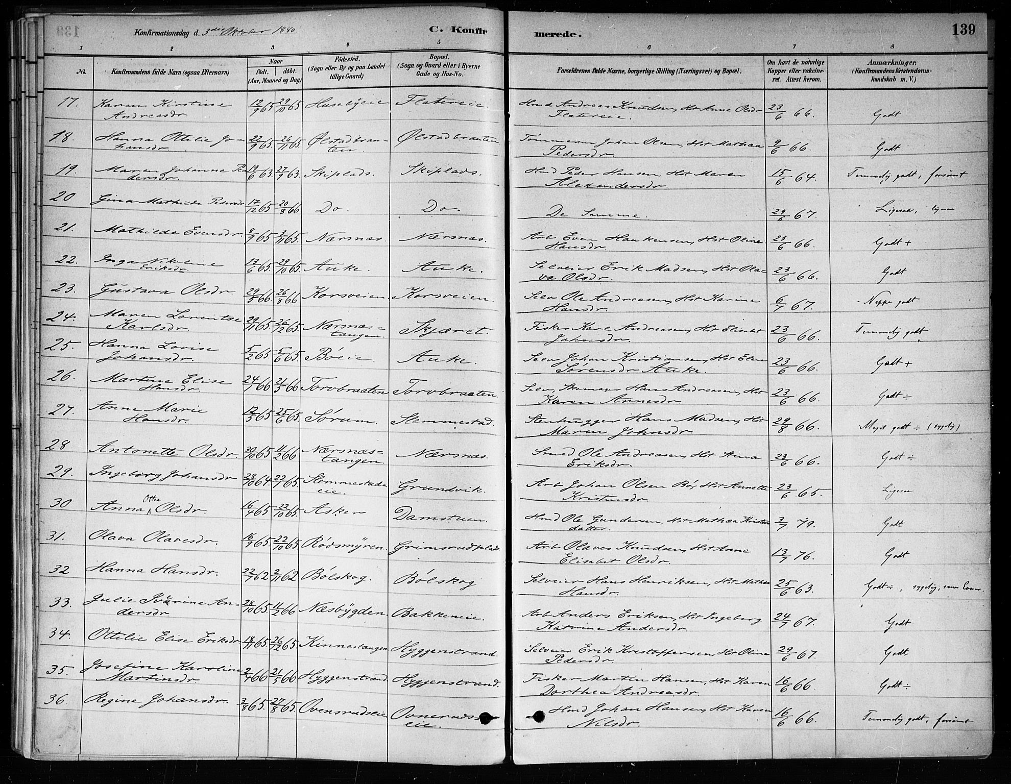 Røyken kirkebøker, SAKO/A-241/F/Fa/L0008: Parish register (official) no. 8, 1880-1897, p. 139