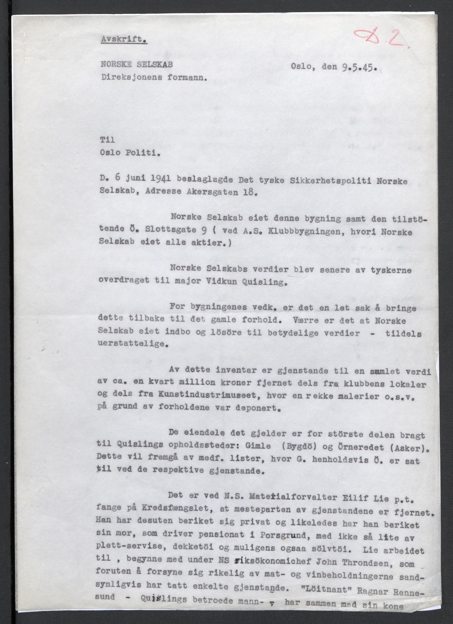 Landssvikarkivet, Oslo politikammer, AV/RA-S-3138-01/D/Da/L0003: Dnr. 29, 1945, p. 2700