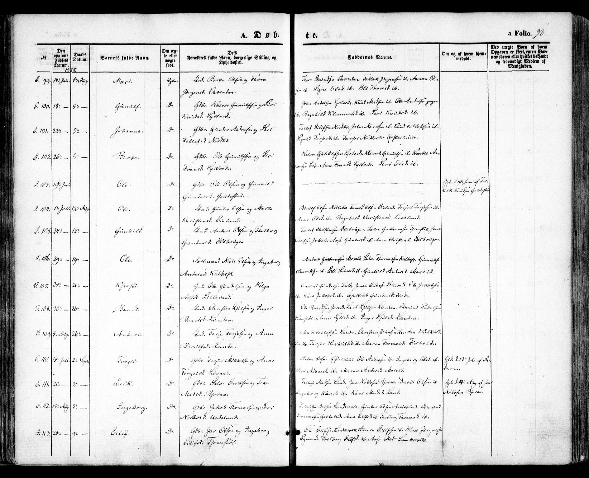 Evje sokneprestkontor, AV/SAK-1111-0008/F/Fa/Faa/L0005: Parish register (official) no. A 5, 1843-1865, p. 98