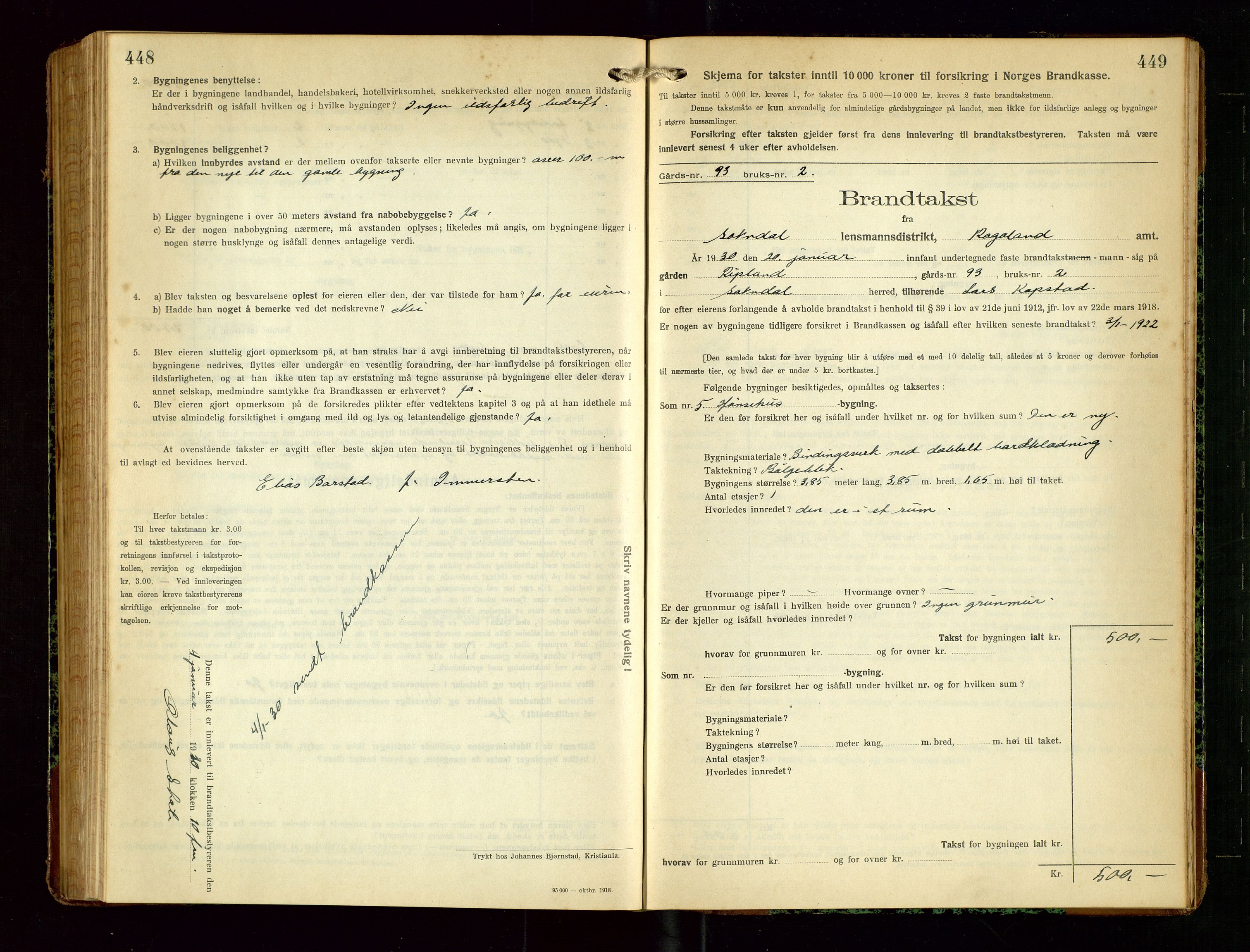 Sokndal lensmannskontor, SAST/A-100417/Gob/L0006: "Brandtakst-Protokol", 1924-1930, p. 448-449