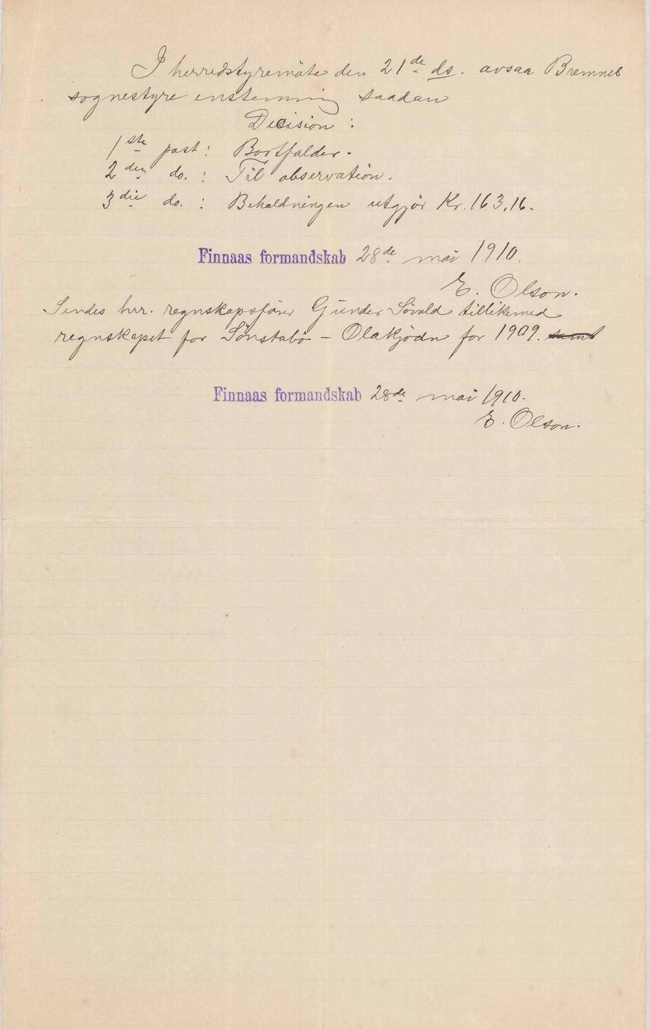 Finnaas kommune. Formannskapet, IKAH/1218a-021/E/Ea/L0001/0006: Rekneskap for veganlegg / Rekneskap for veganlegget Sønstabø - Olakjødn, 1909-1914, p. 24