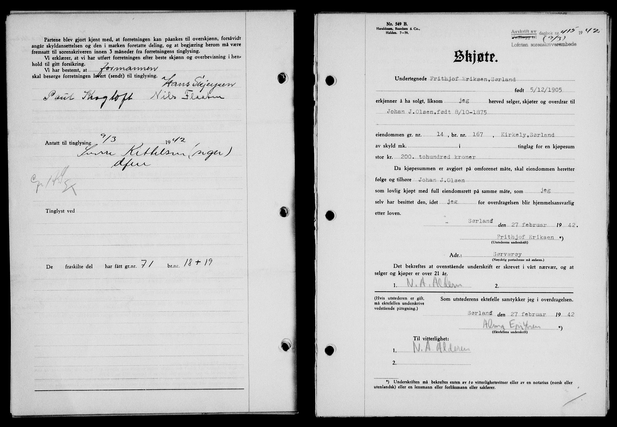 Lofoten sorenskriveri, SAT/A-0017/1/2/2C/L0009a: Mortgage book no. 9a, 1941-1942, Diary no: : 415/1942