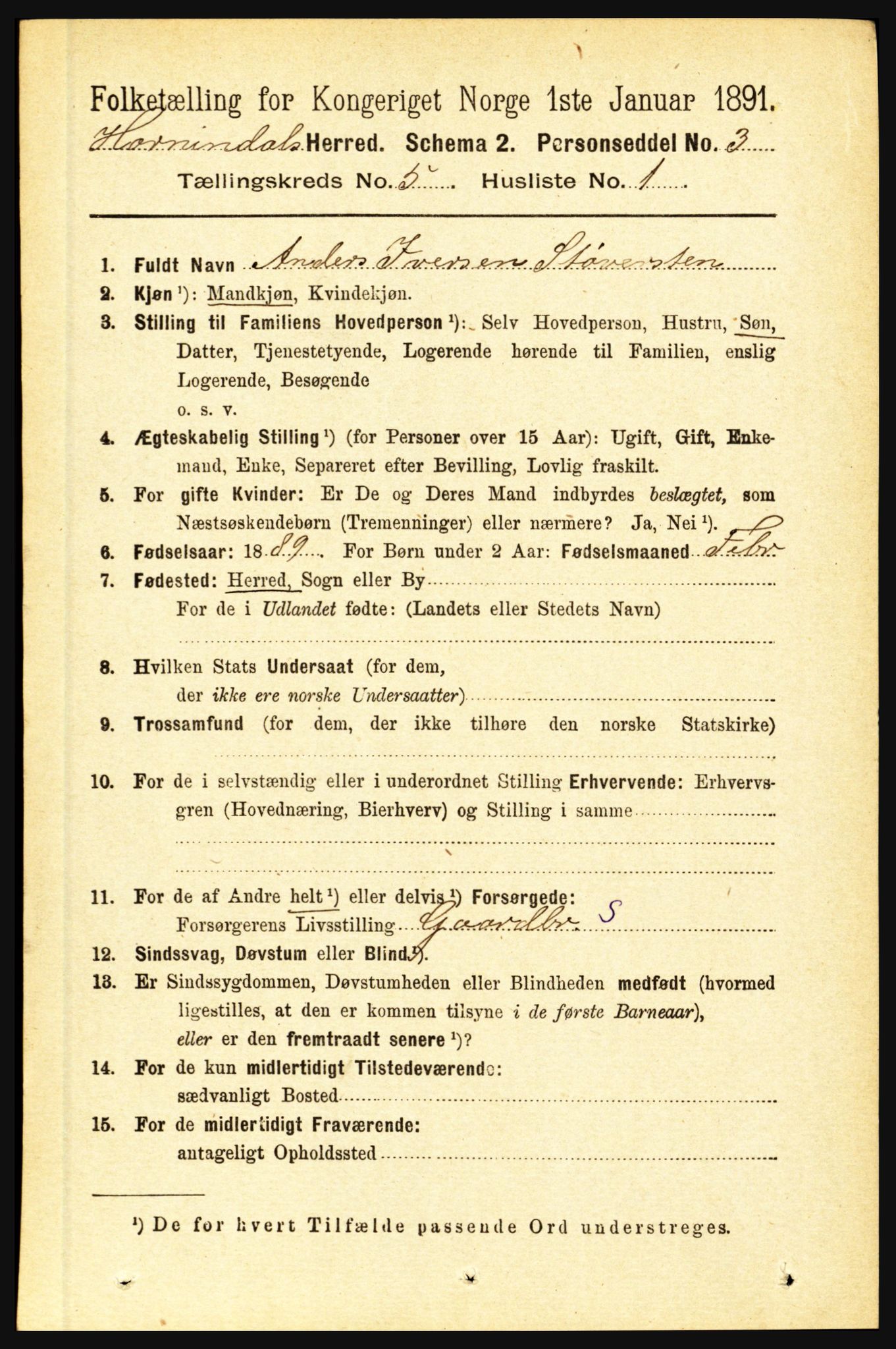 RA, 1891 census for 1444 Hornindal, 1891, p. 1143