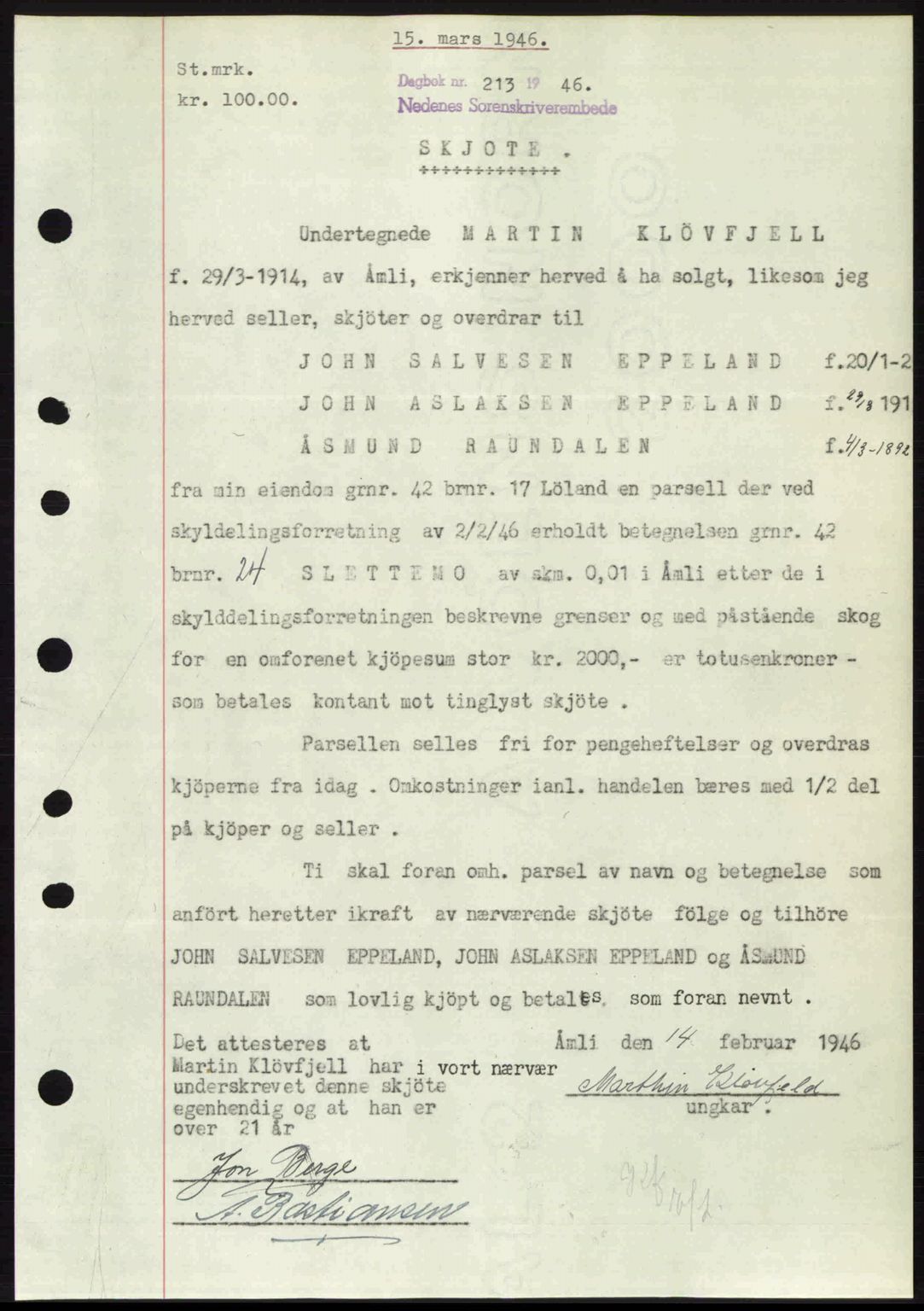 Nedenes sorenskriveri, SAK/1221-0006/G/Gb/Gba/L0054: Mortgage book no. A6c, 1946-1946, Diary no: : 213/1946