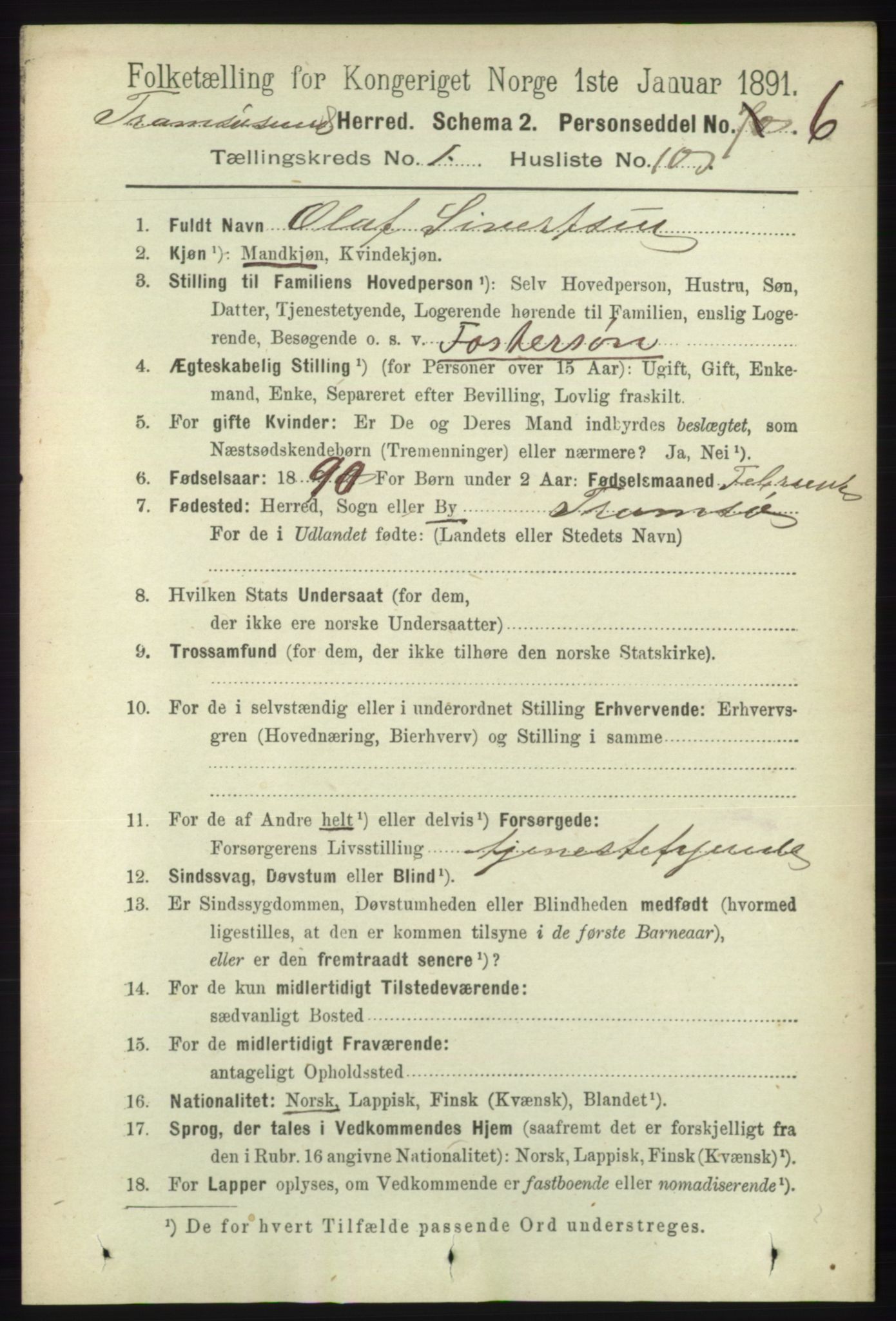 RA, 1891 census for 1934 Tromsøysund, 1891, p. 153