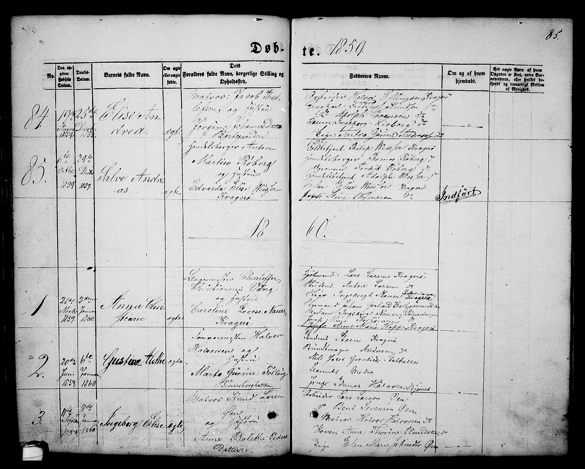 Kragerø kirkebøker, SAKO/A-278/G/Ga/L0004: Parish register (copy) no. 4, 1853-1865, p. 85