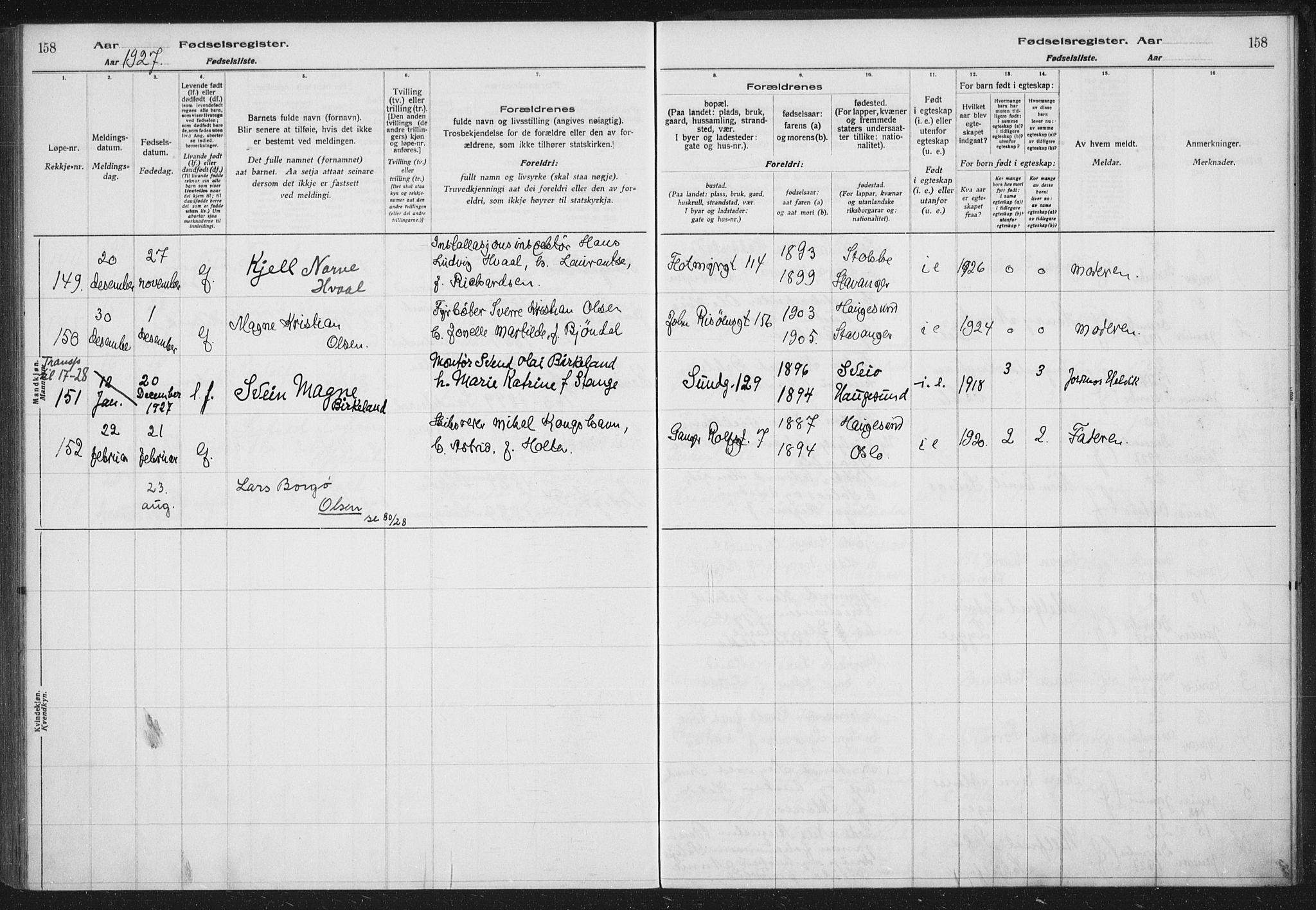 Haugesund sokneprestkontor, AV/SAST-A -101863/I/Id/L0005: Birth register no. 3, 1923-1929, p. 158