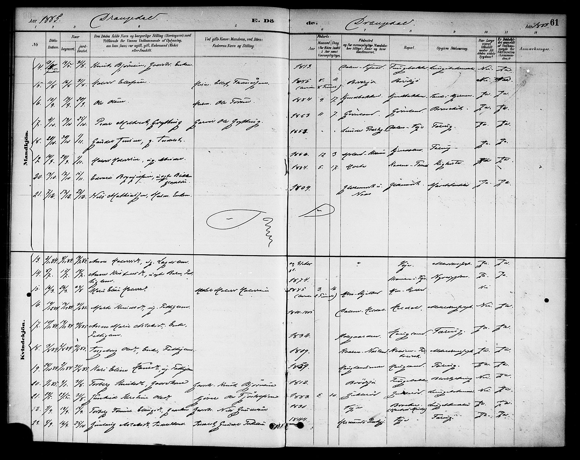 Drangedal kirkebøker, SAKO/A-258/F/Fa/L0011: Parish register (official) no. 11 /1, 1885-1894, p. 61