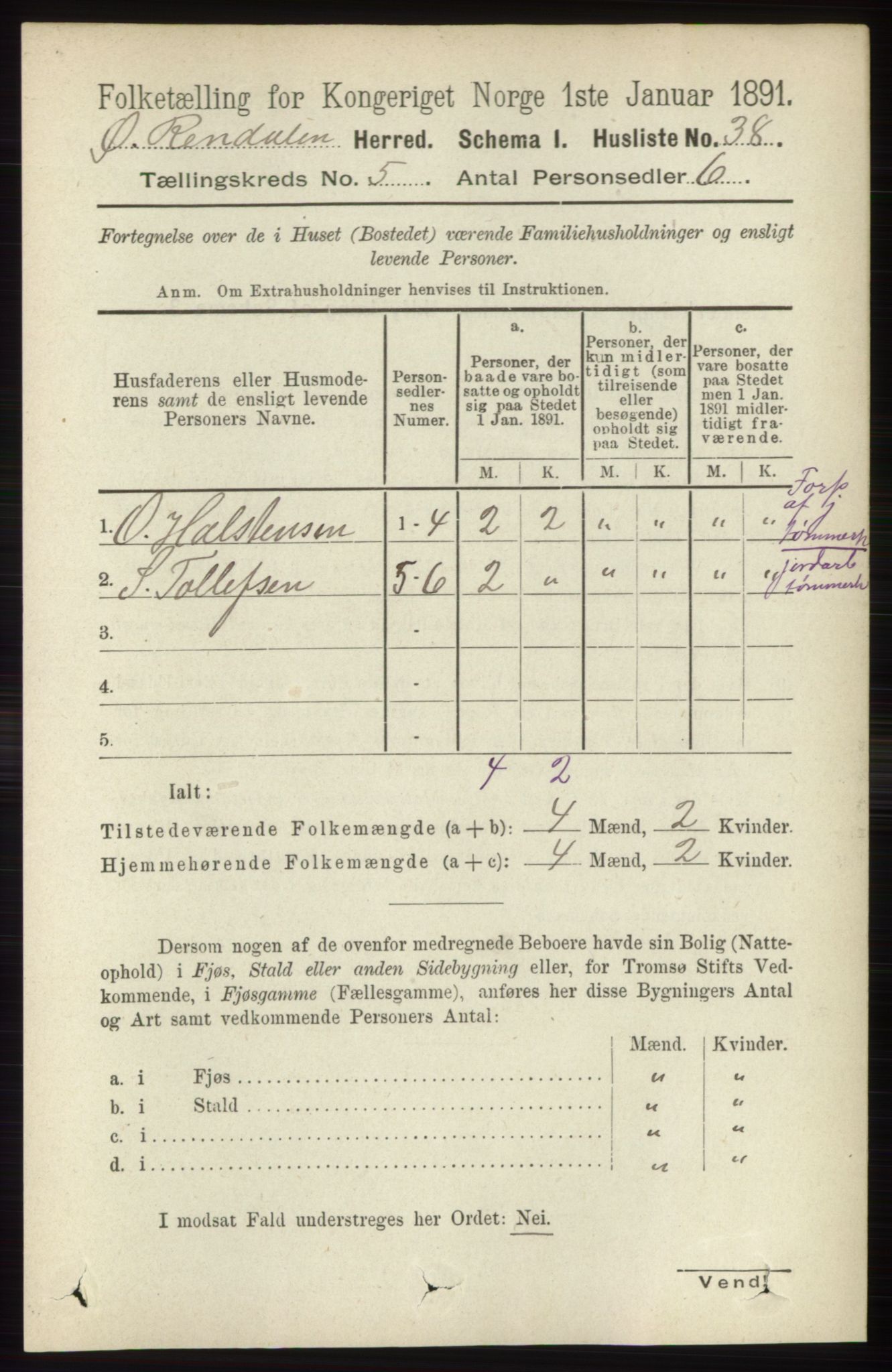 RA, 1891 census for 0433 Øvre Rendal, 1891, p. 1304