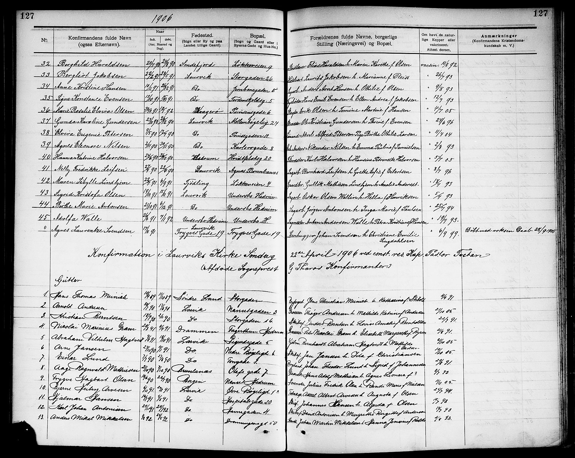 Larvik kirkebøker, AV/SAKO-A-352/G/Ga/L0006: Parish register (copy) no. I 6, 1888-1917, p. 127