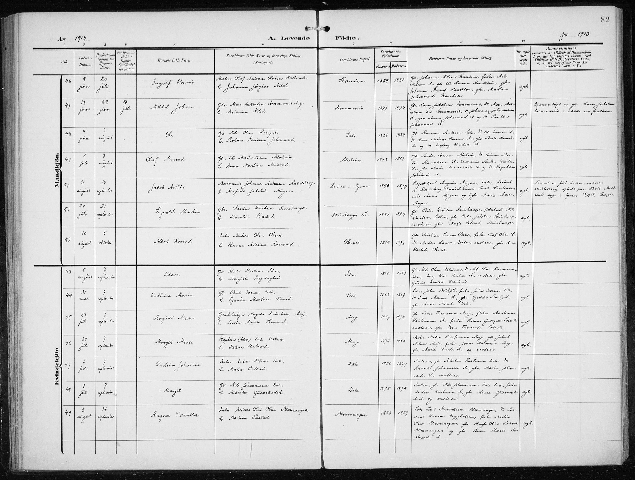 Herdla Sokneprestembete, AV/SAB-A-75701/H/Haa: Parish register (official) no. A 5, 1905-1918, p. 82