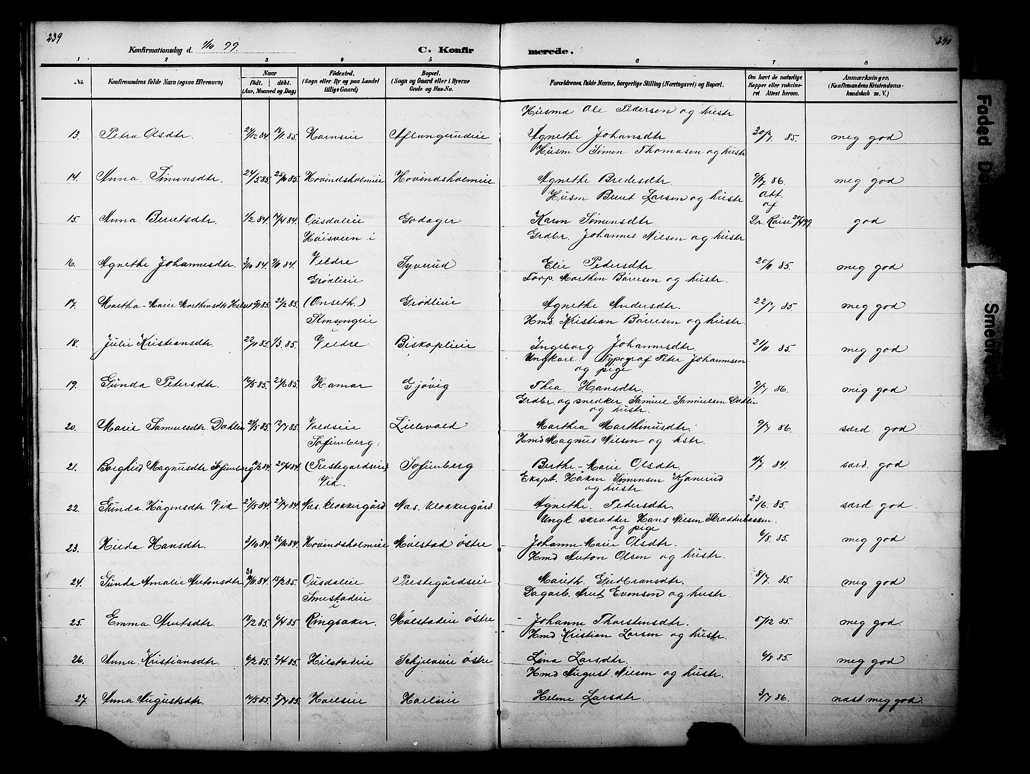 Nes prestekontor, Hedmark, SAH/PREST-020/L/La/L0006: Parish register (copy) no. 6, 1890-1932, p. 239-240