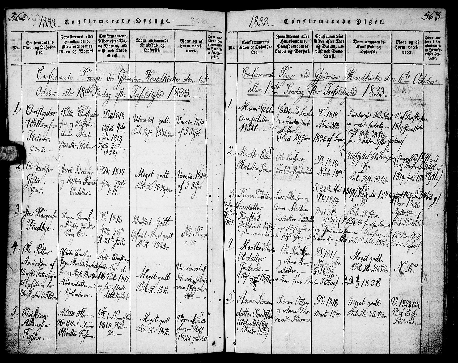 Gjerdrum prestekontor Kirkebøker, AV/SAO-A-10412b/G/Ga/L0001: Parish register (copy) no. I 1, 1816-1837, p. 562-563