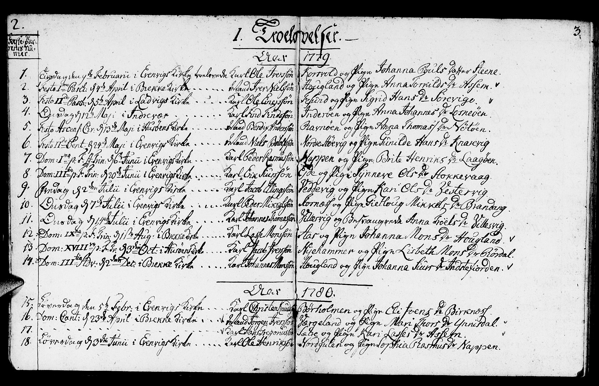 Gulen sokneprestembete, SAB/A-80201/H/Haa/Haaa/L0014: Parish register (official) no. A 14, 1779-1788, p. 2-3