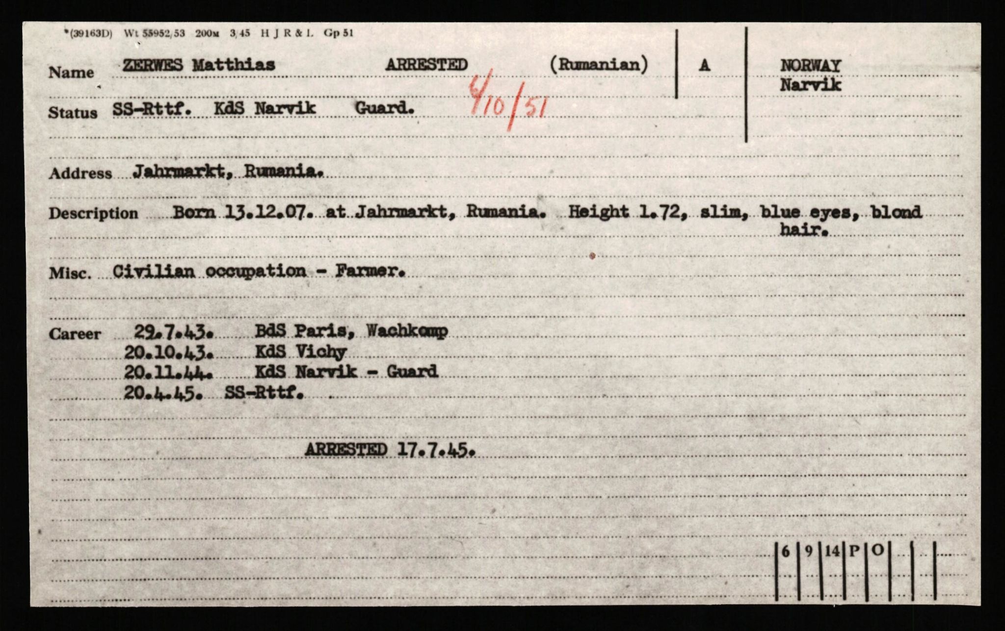 Forsvaret, Forsvarets overkommando II, AV/RA-RAFA-3915/D/Db/L0041: CI Questionaires.  Diverse nasjonaliteter., 1945-1946, p. 195