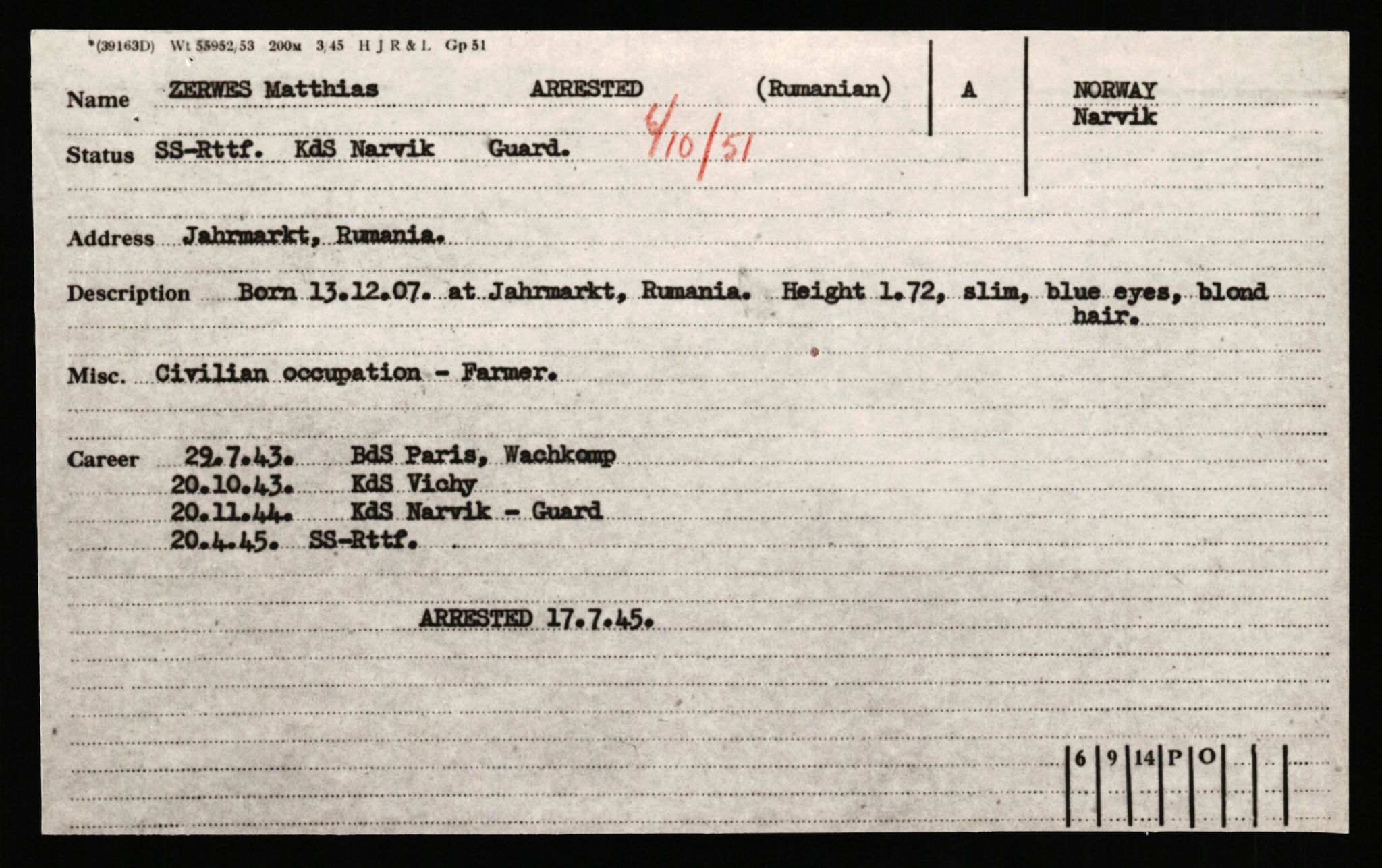 Forsvaret, Forsvarets overkommando II, RA/RAFA-3915/D/Db/L0041: CI Questionaires.  Diverse nasjonaliteter., 1945-1946, p. 195