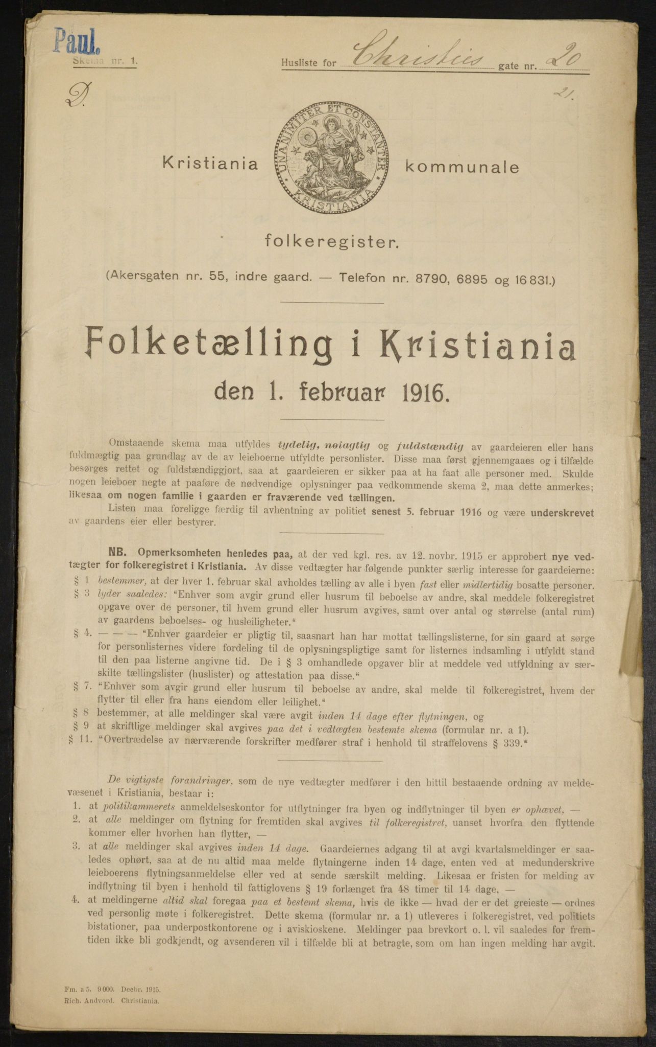 OBA, Municipal Census 1916 for Kristiania, 1916, p. 12385