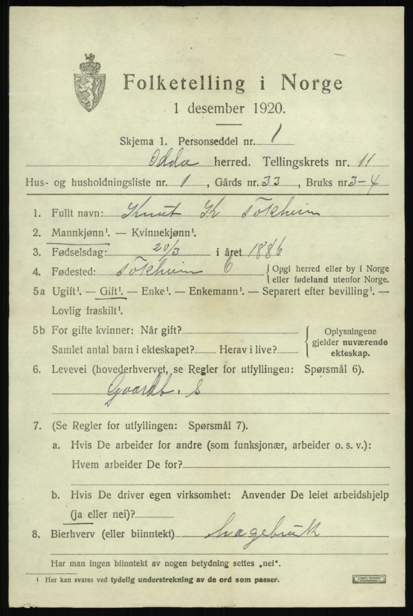 SAB, 1920 census for Odda, 1920, p. 10793