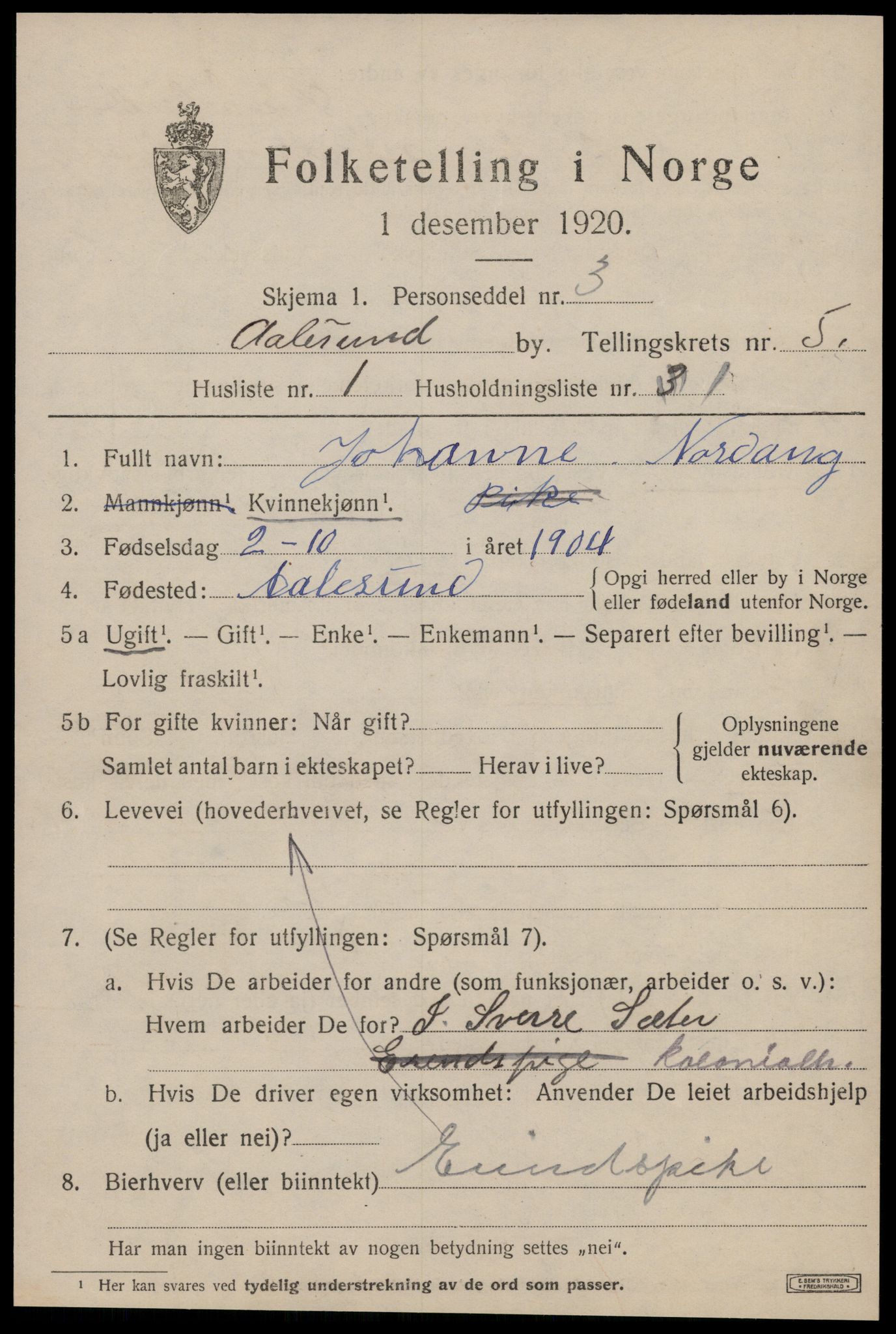 SAT, 1920 census for Ålesund, 1920, p. 16014