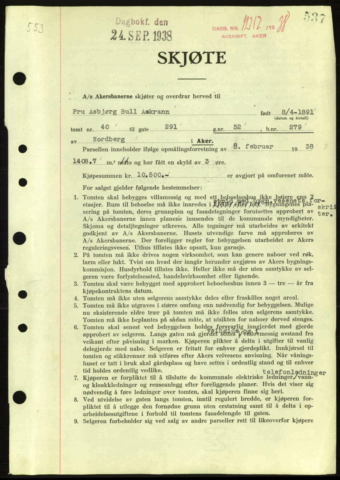 Aker herredsskriveri, SAO/A-10896/G/Gb/Gba/Gbab/L0025: Mortgage book no. A154-155, 1938-1938, Diary no: : 11312/1938