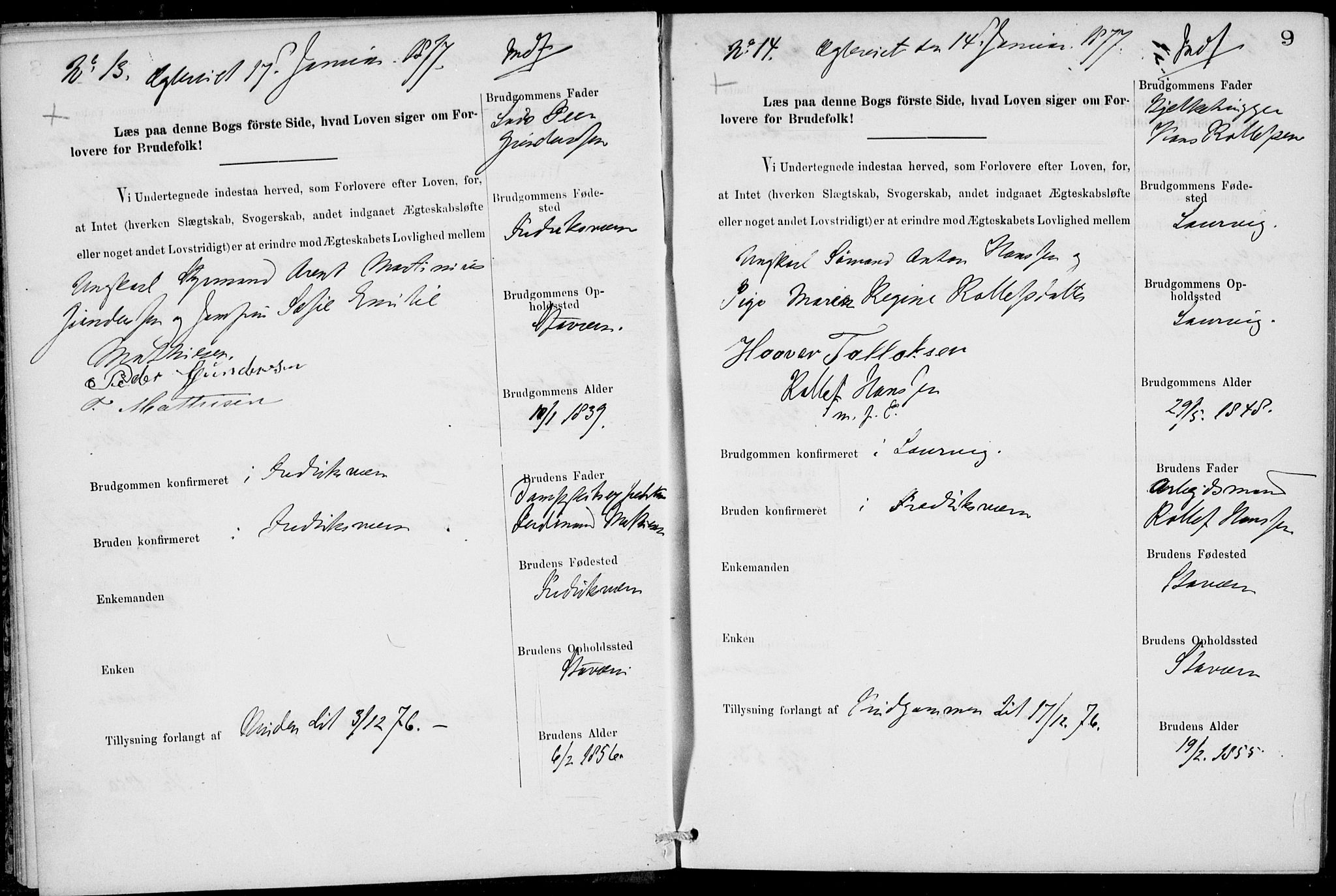 Stavern kirkebøker, SAKO/A-318/H/Ha/L0001: Banns register no. 1, 1875-1918, p. 9