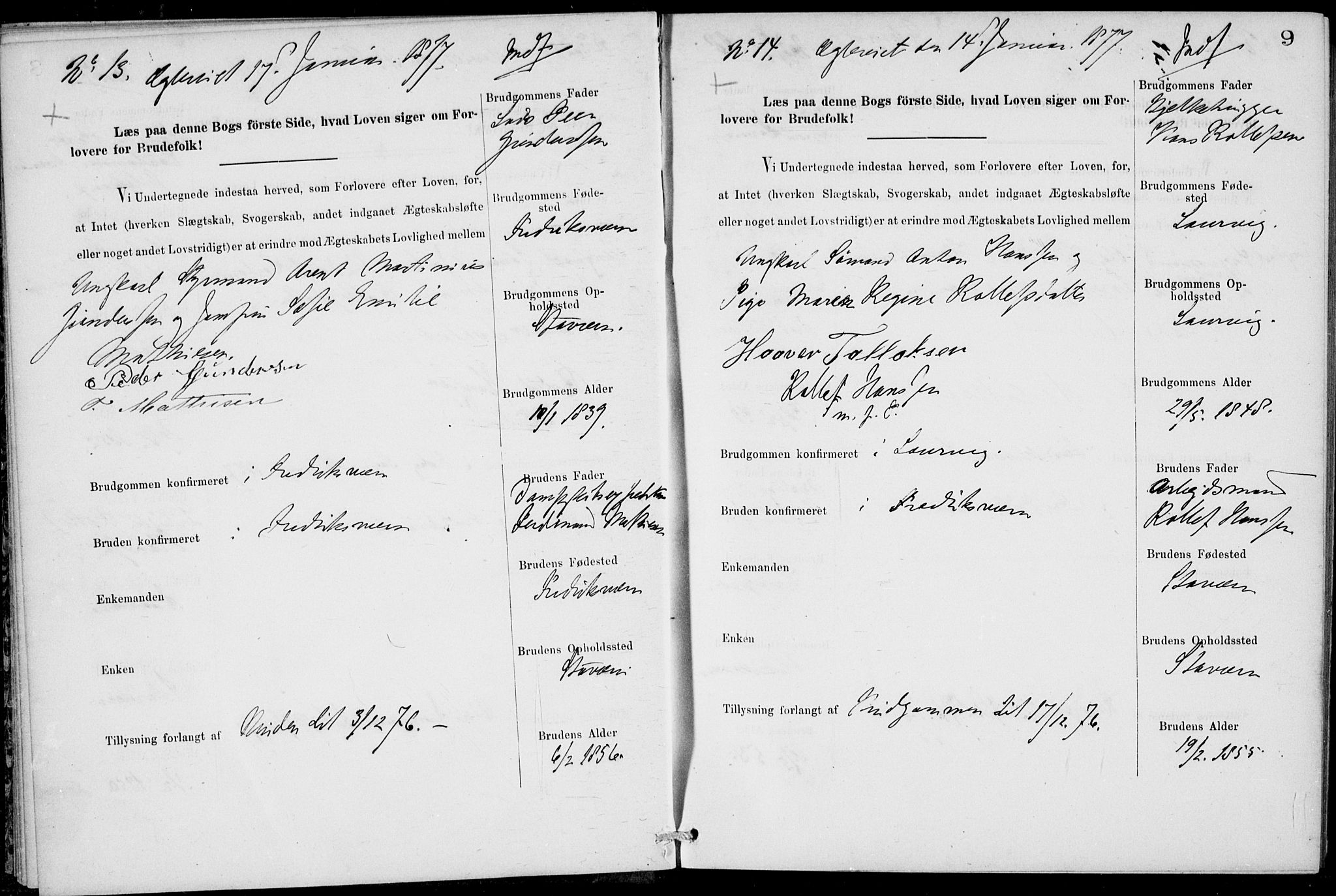 Stavern kirkebøker, AV/SAKO-A-318/H/Ha/L0001: Banns register no. 1, 1875-1918, p. 9