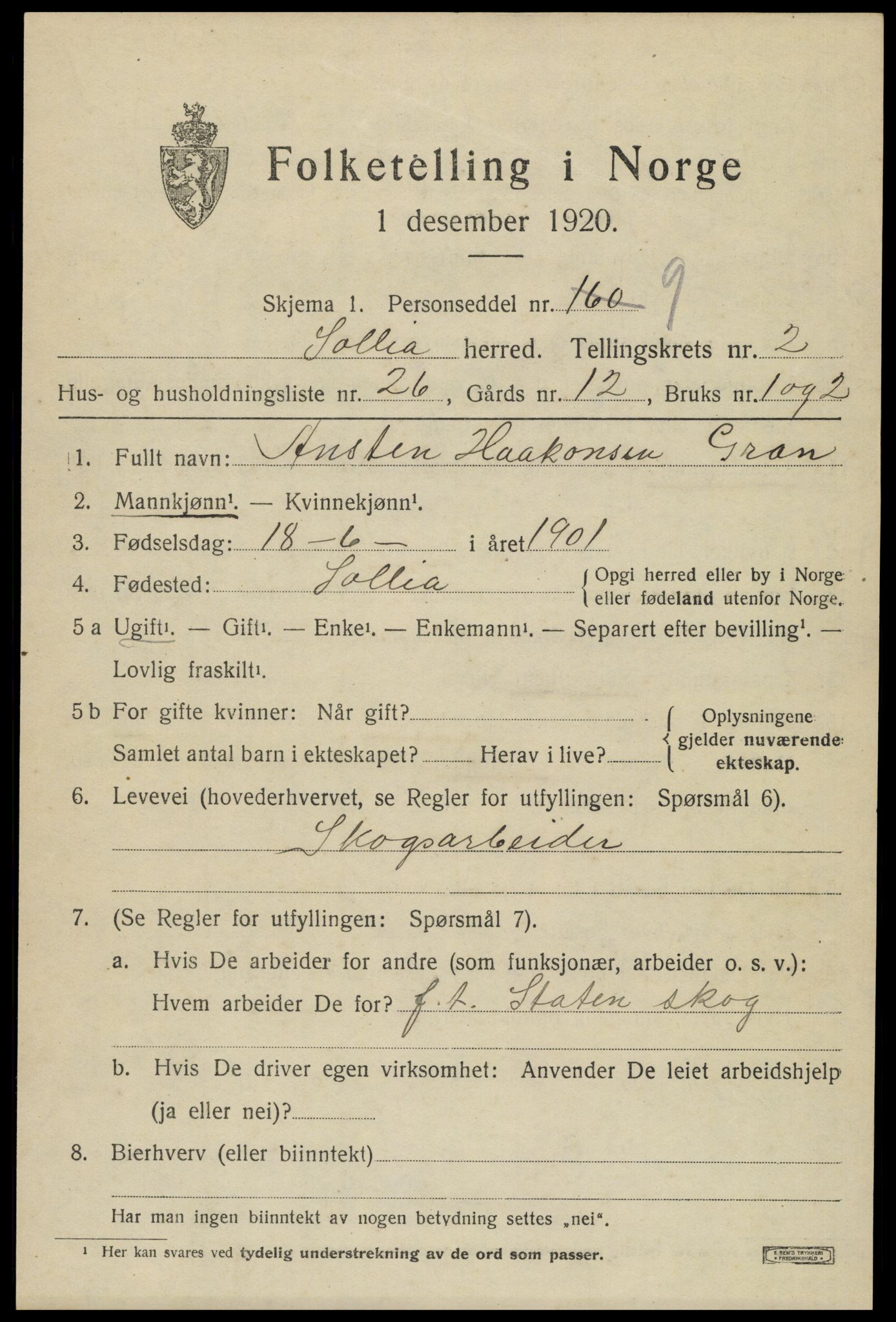 SAH, 1920 census for Sollia, 1920, p. 619