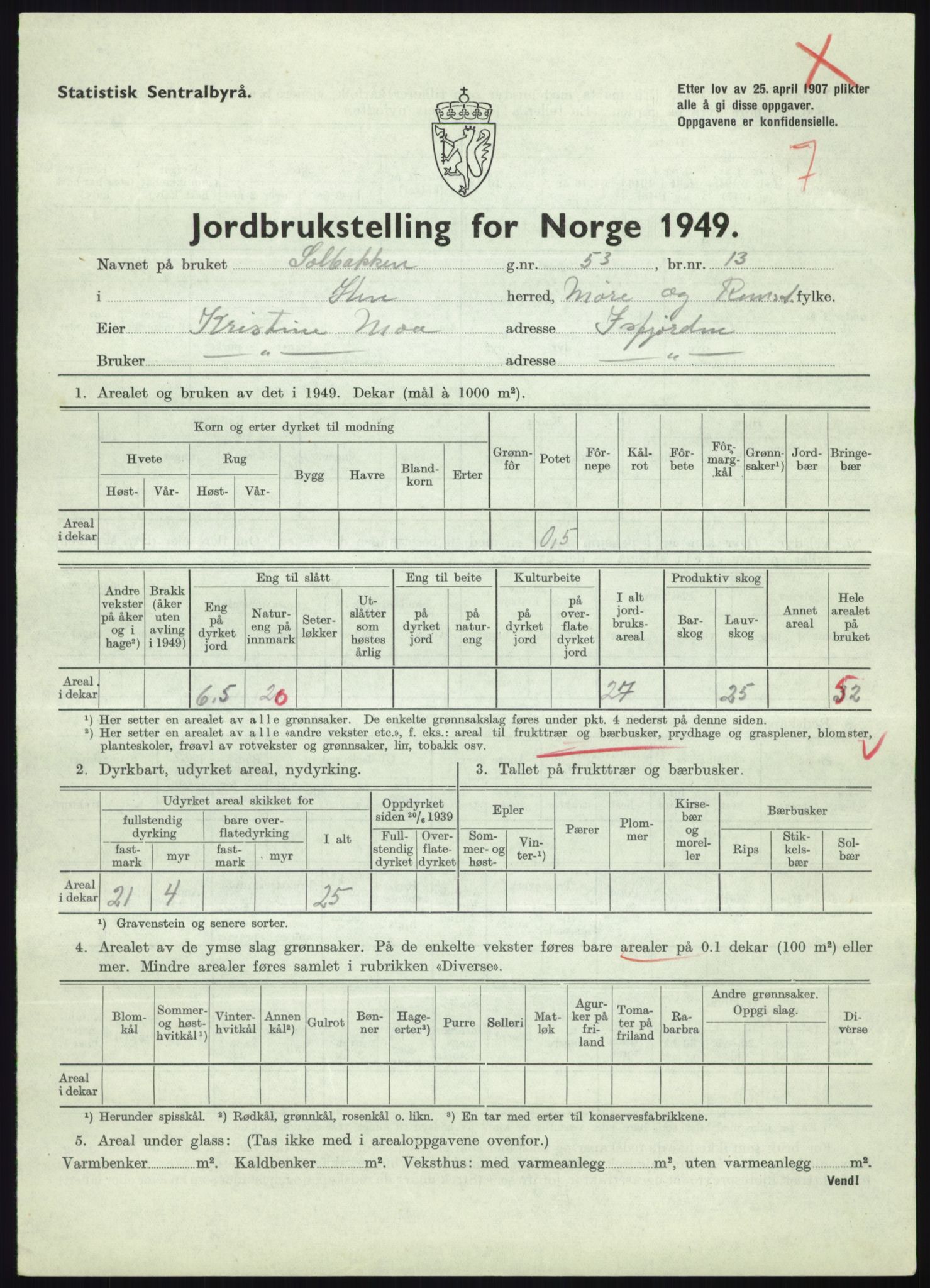 Statistisk sentralbyrå, Næringsøkonomiske emner, Jordbruk, skogbruk, jakt, fiske og fangst, AV/RA-S-2234/G/Gc/L0323: Møre og Romsdal: Grytten og Hen, 1949, p. 647