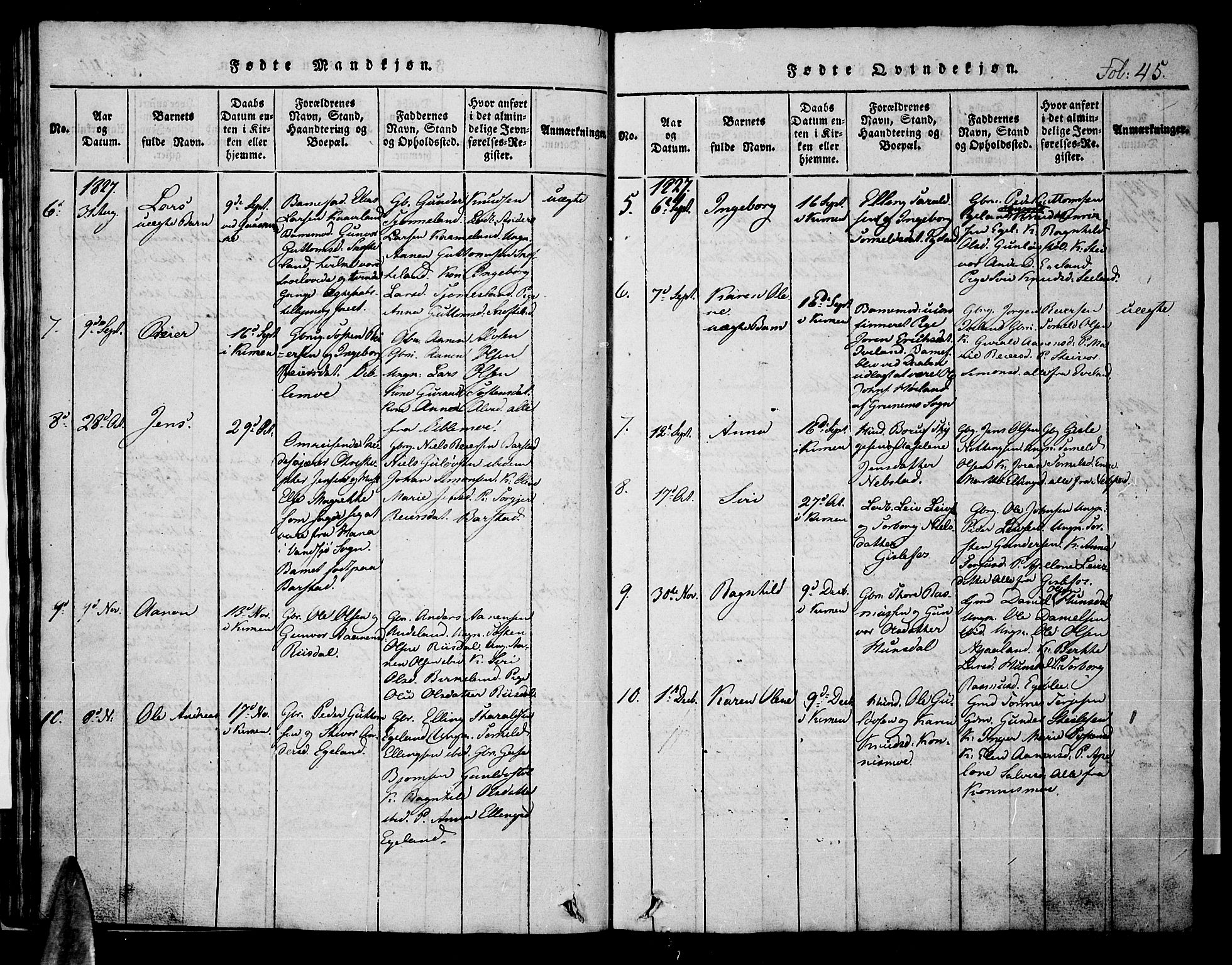 Nord-Audnedal sokneprestkontor, AV/SAK-1111-0032/F/Fb/Fba/L0001: Parish register (copy) no. B 1, 1815-1856, p. 45