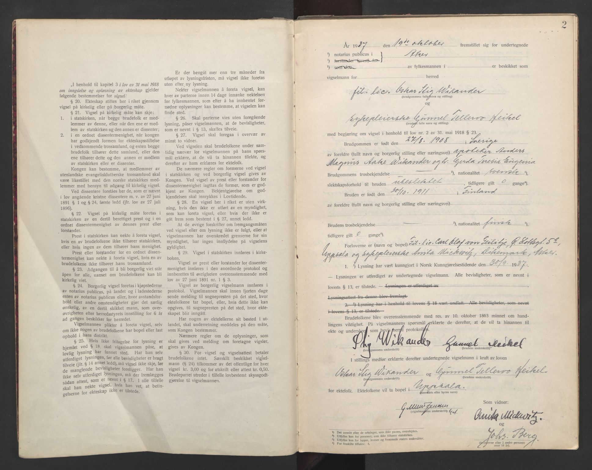 Aker sorenskriveri, AV/SAO-A-10895/L/Lc/Lcb/L0010: Vigselprotokoll, 1937-1938, p. 2