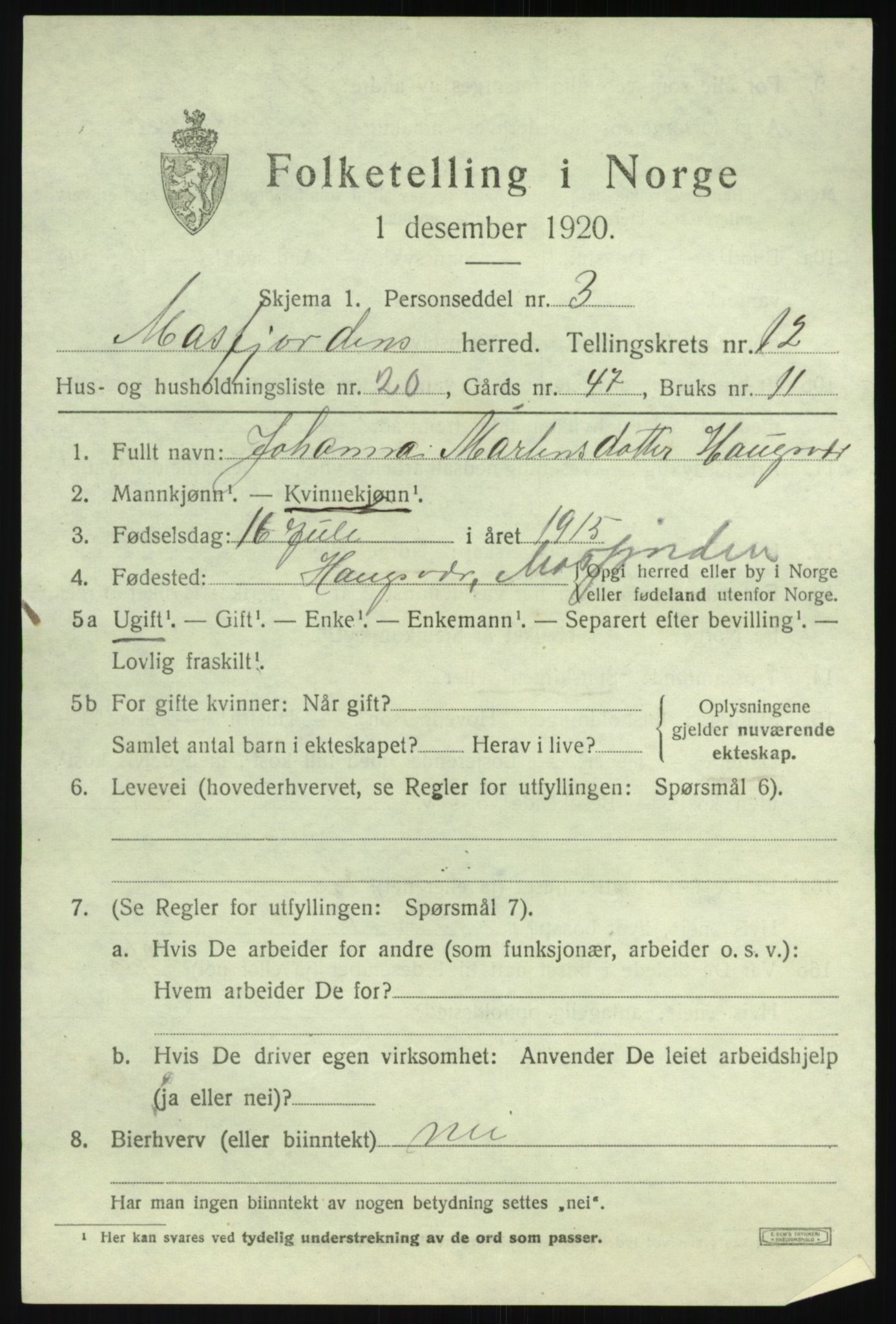 SAB, 1920 census for Masfjorden, 1920, p. 4765