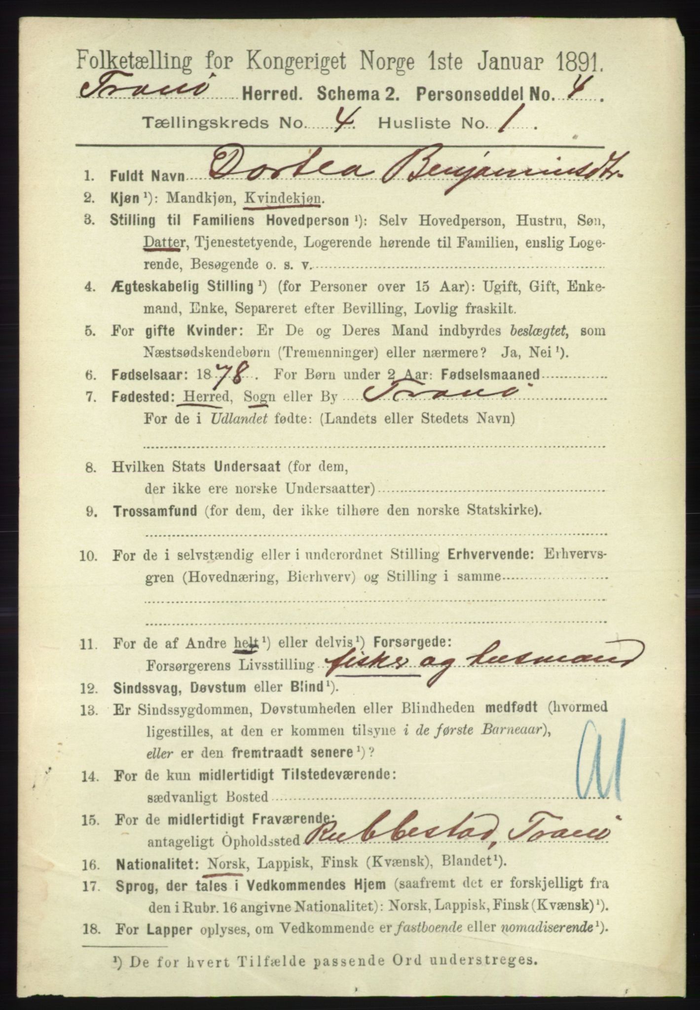 RA, 1891 census for 1927 Tranøy, 1891, p. 1438